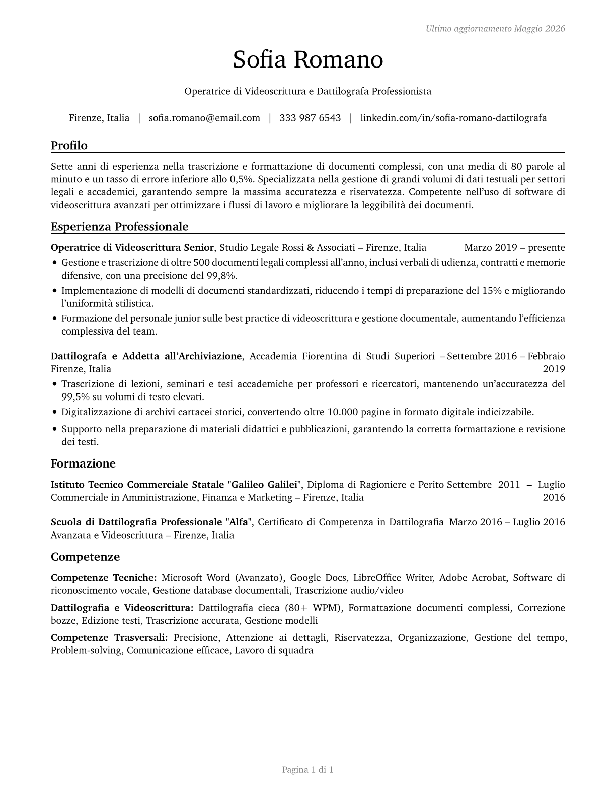 Word Processors and Typists CV in Italian — page 1