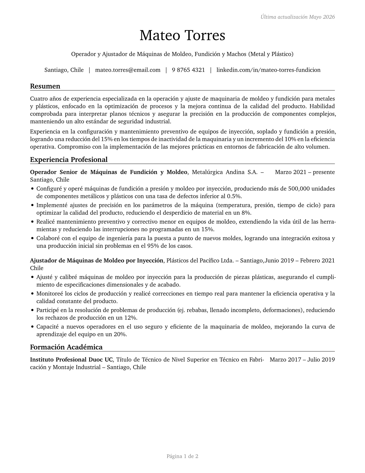 Molding, Coremaking, and Casting Machine Setters, Operators, and Tenders, Metal and Plastic CV in Spanish — page 1
