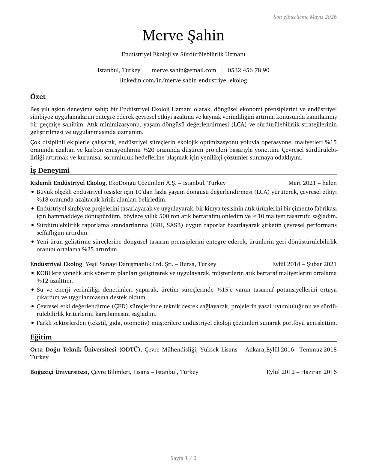 Industrial Ecologists CV in Turkish — page 1