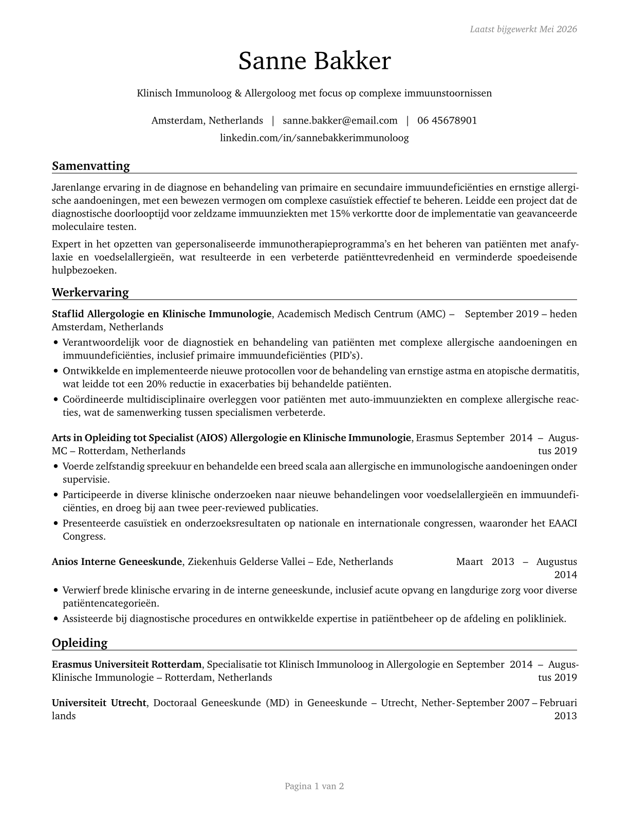 Allergists and Immunologists CV in Dutch — page 1