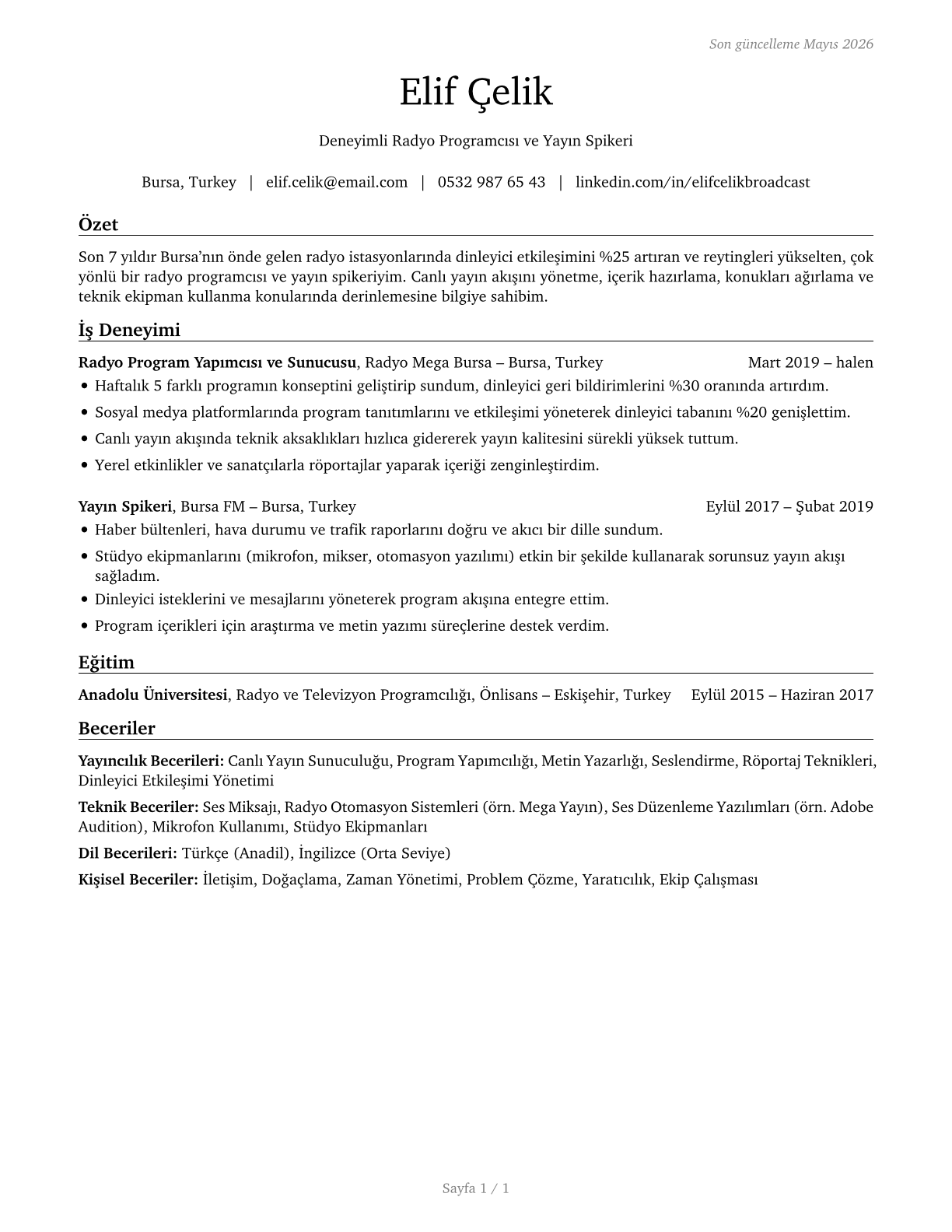 Broadcast Announcers and Radio Disc Jockeys CV in Turkish — page 1