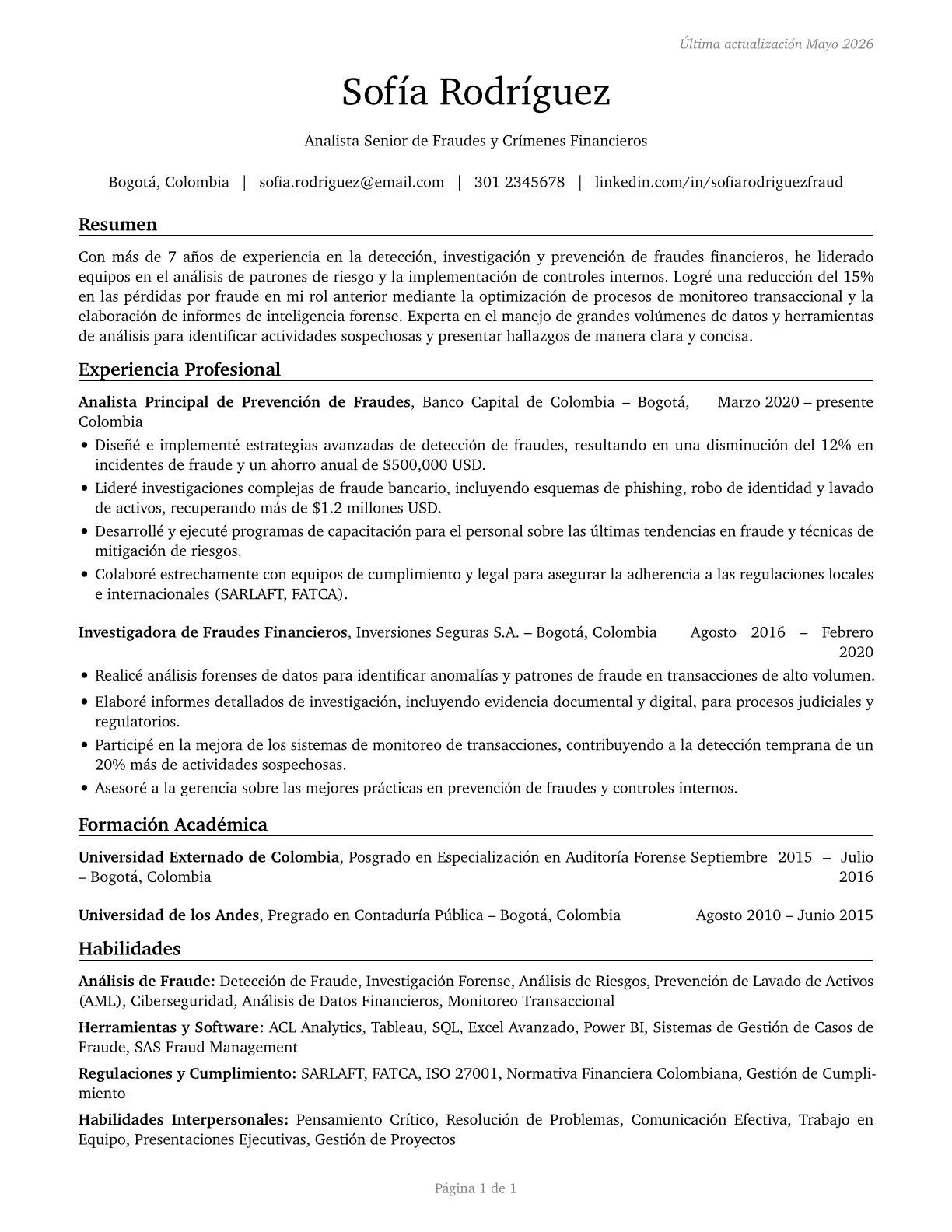 Fraud Examiners, Investigators and Analysts CV in Spanish — page 1