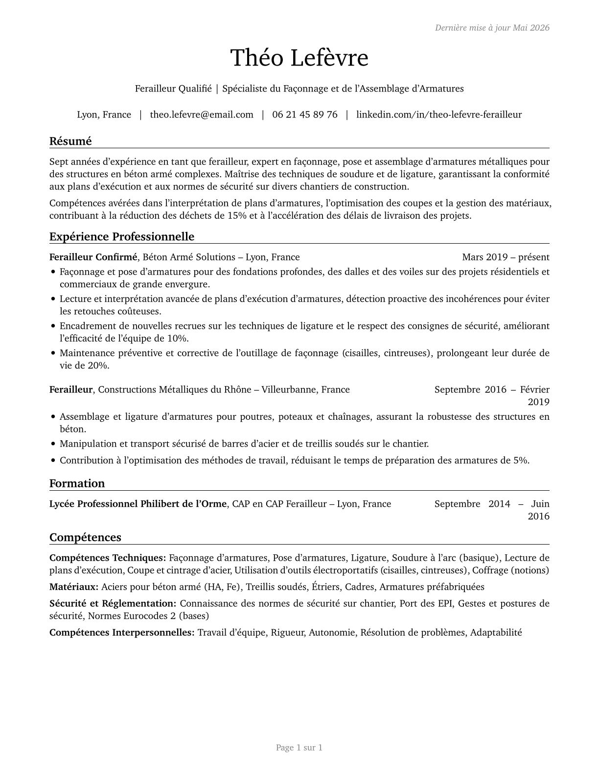 Reinforcing Iron and Rebar Workers CV in French — page 1