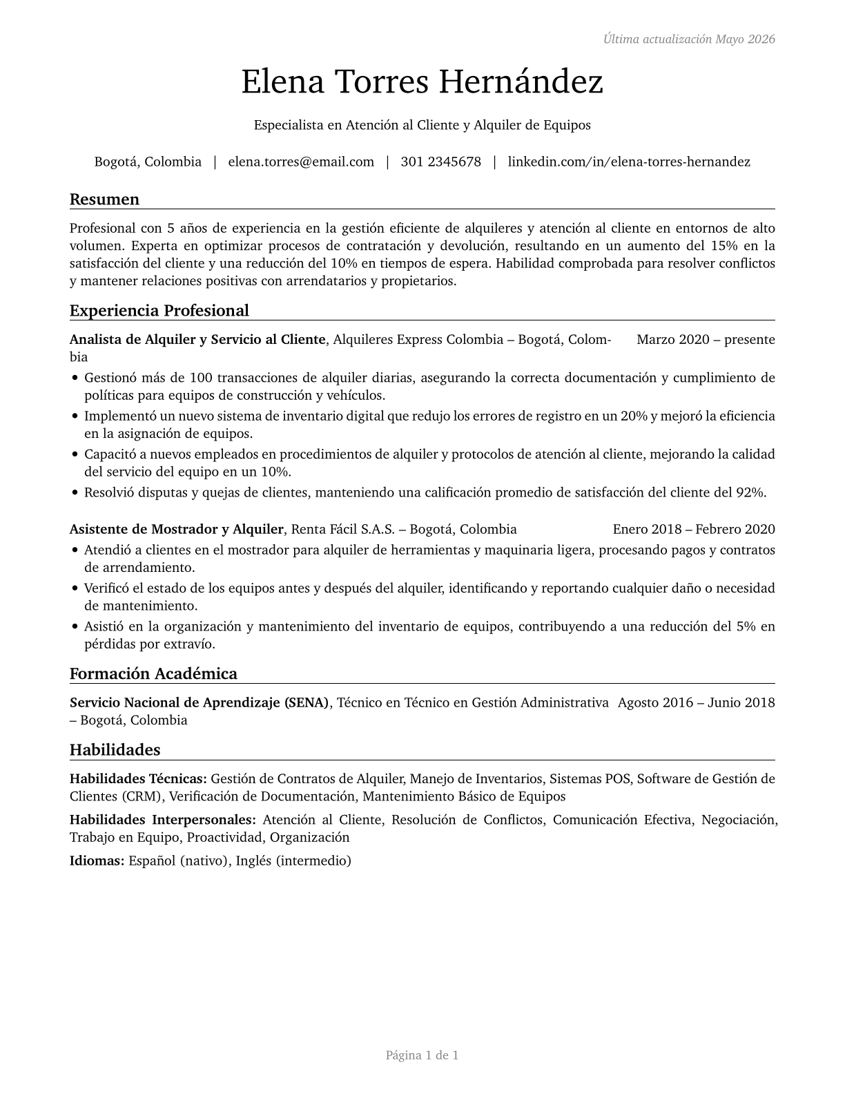 Counter and Rental Clerks CV in Spanish — page 1
