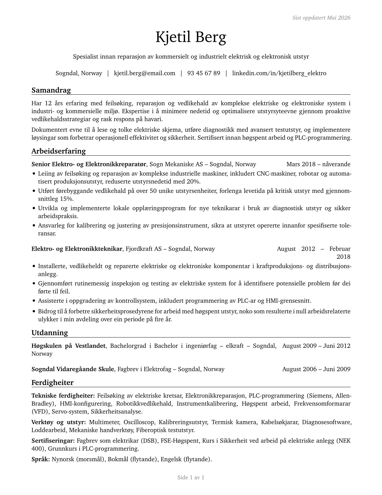 Electrical and Electronics Repairers, Commercial and Industrial Equipment CV in Norwegian_nynorsk — page 1