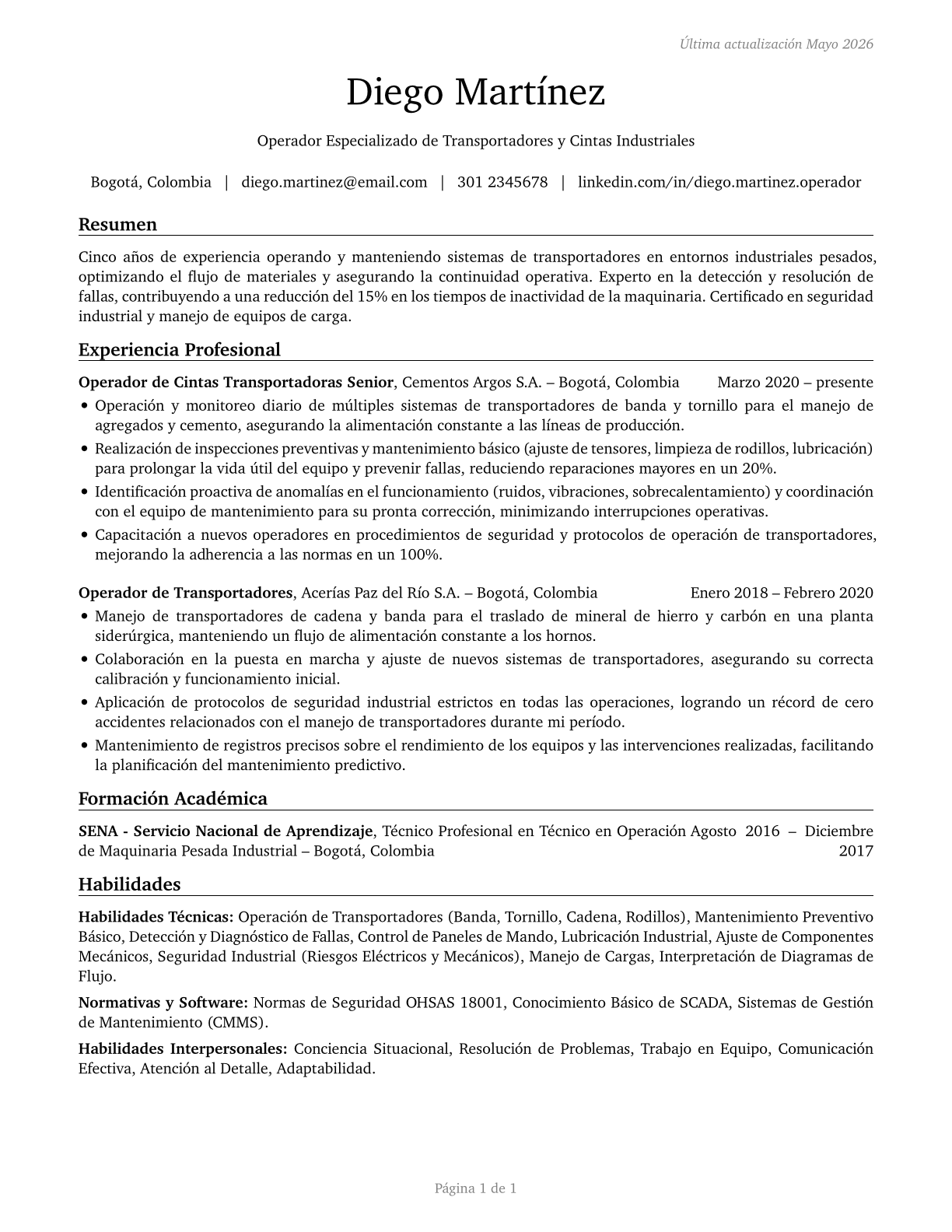 Conveyor Operators and Tenders CV in Spanish — page 1