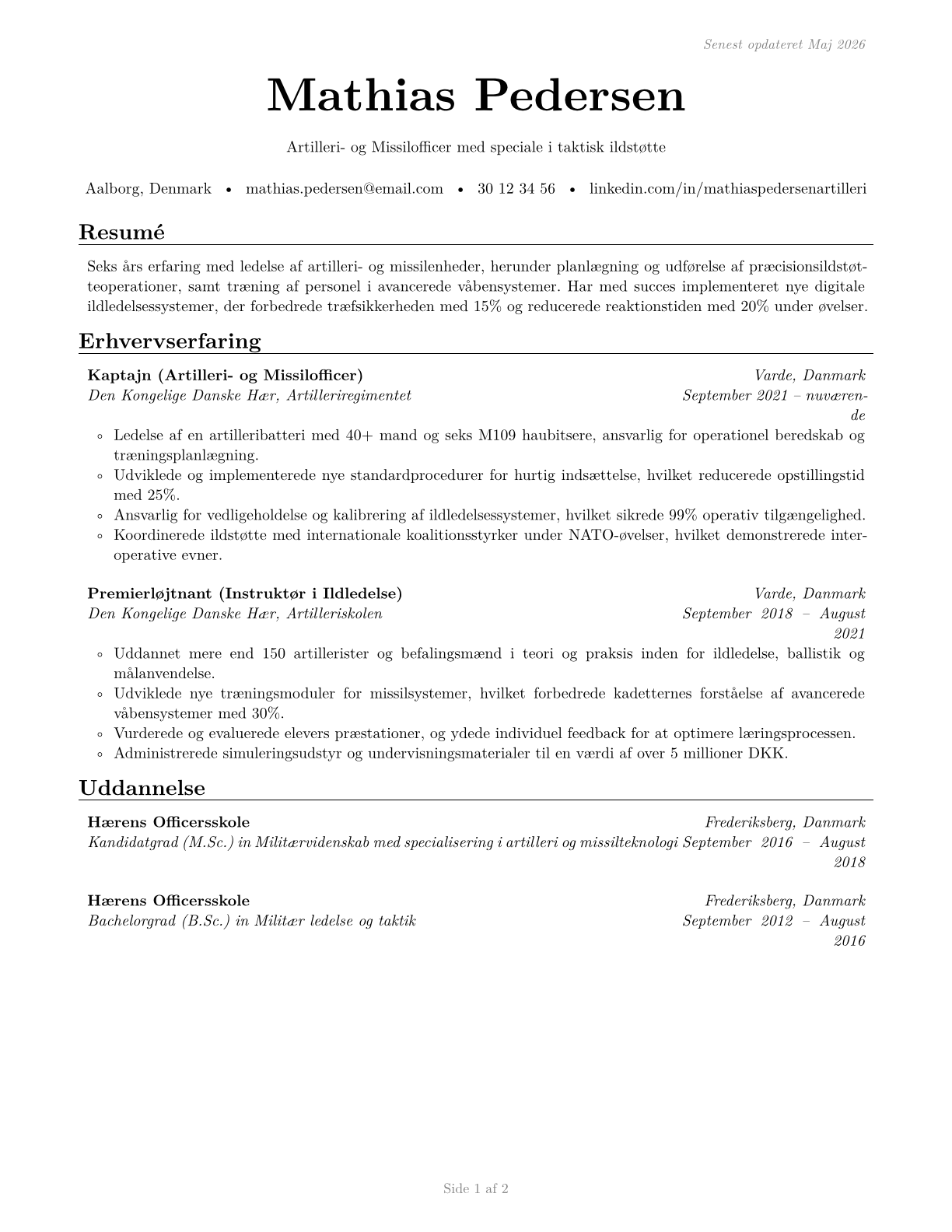 Artillery and Missile Officers CV in Danish — page 1