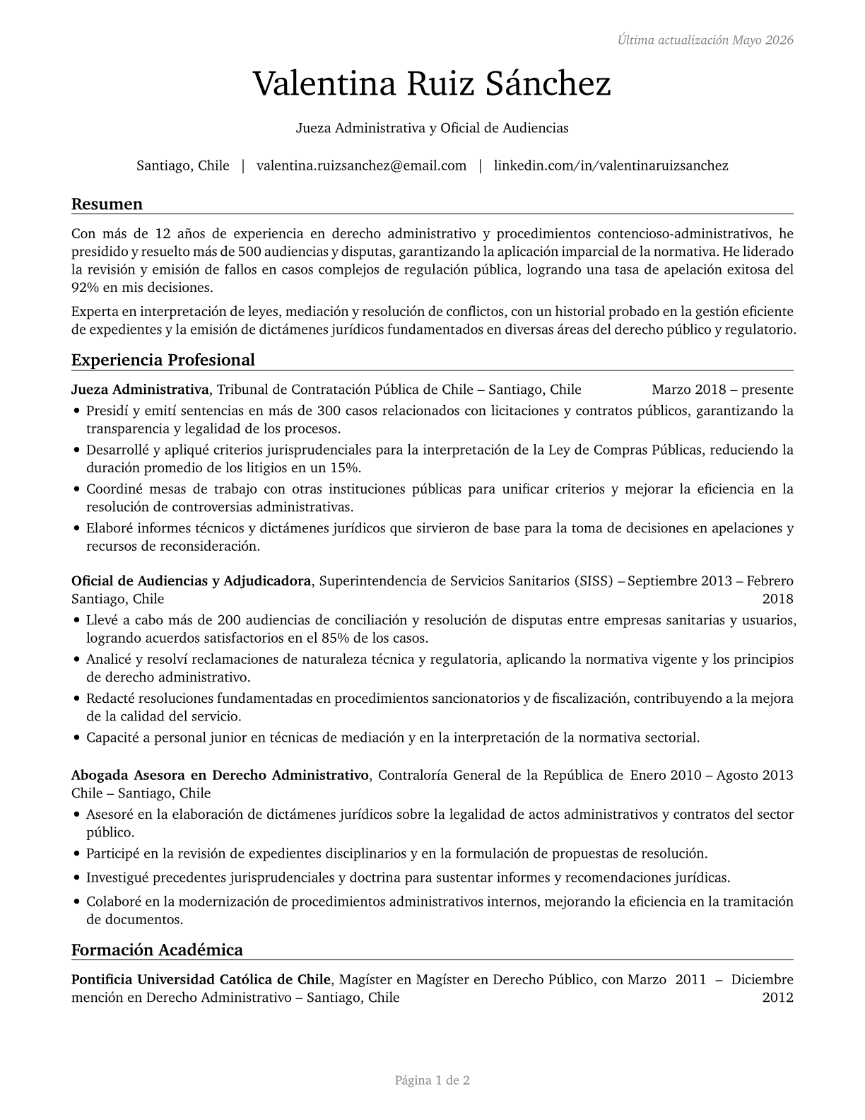 Administrative Law Judges, Adjudicators, and Hearing Officers CV in Spanish — page 1