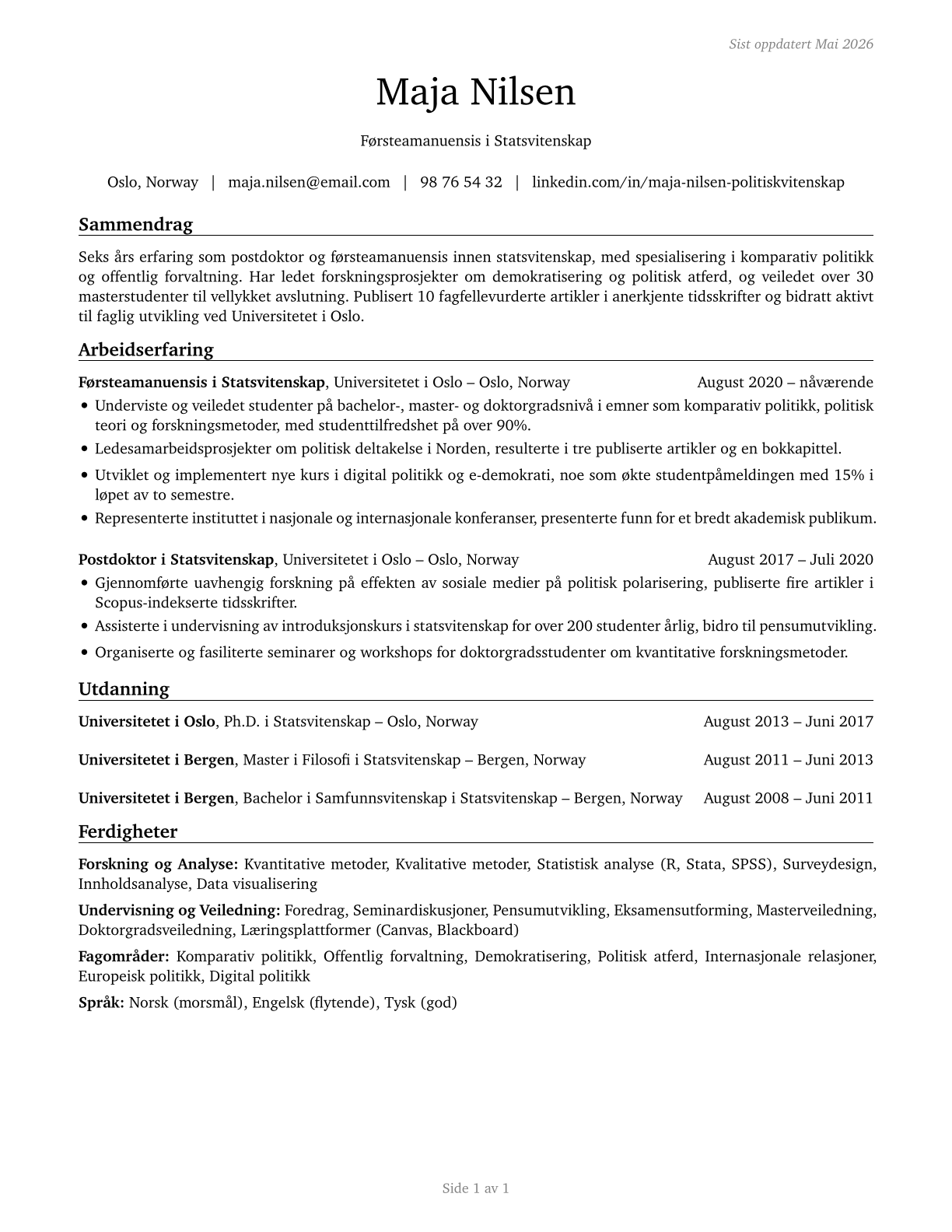 Political Science Teachers, Postsecondary CV in Norwegian_bokmal — page 1