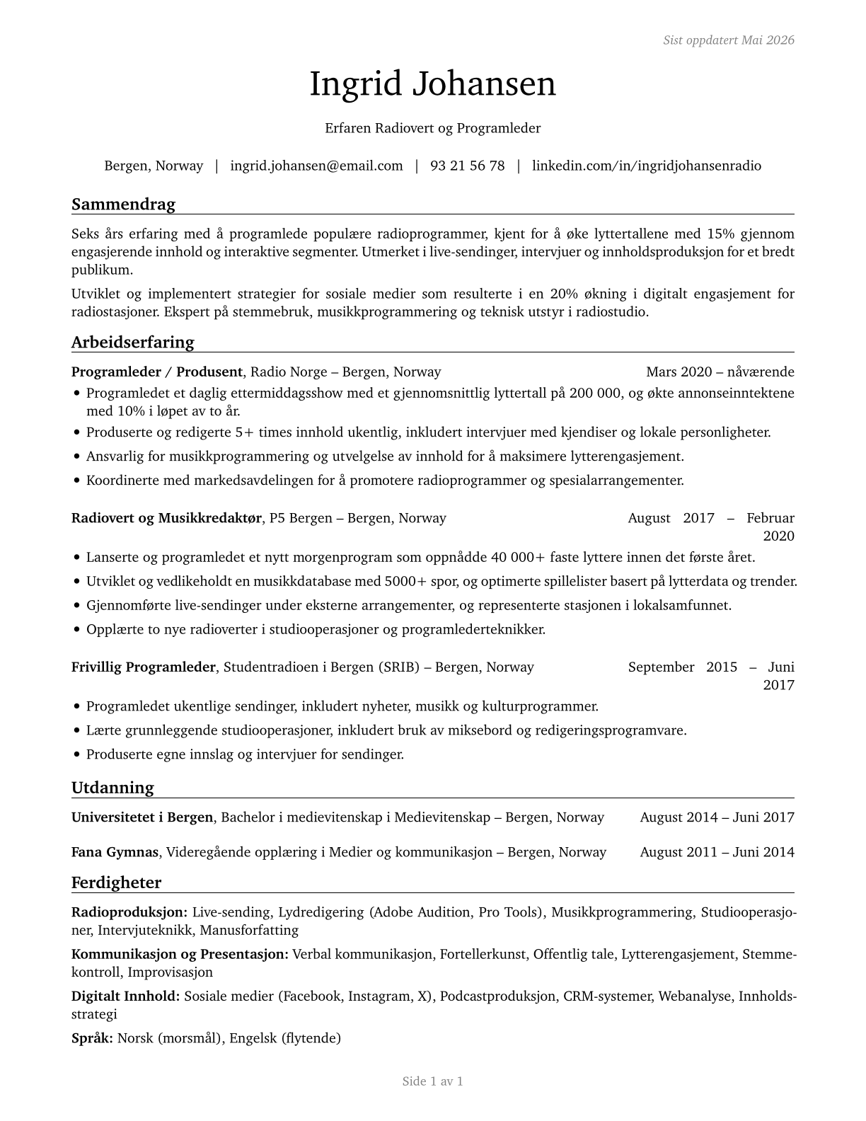 Broadcast Announcers and Radio Disc Jockeys CV in Norwegian_bokmal — page 1