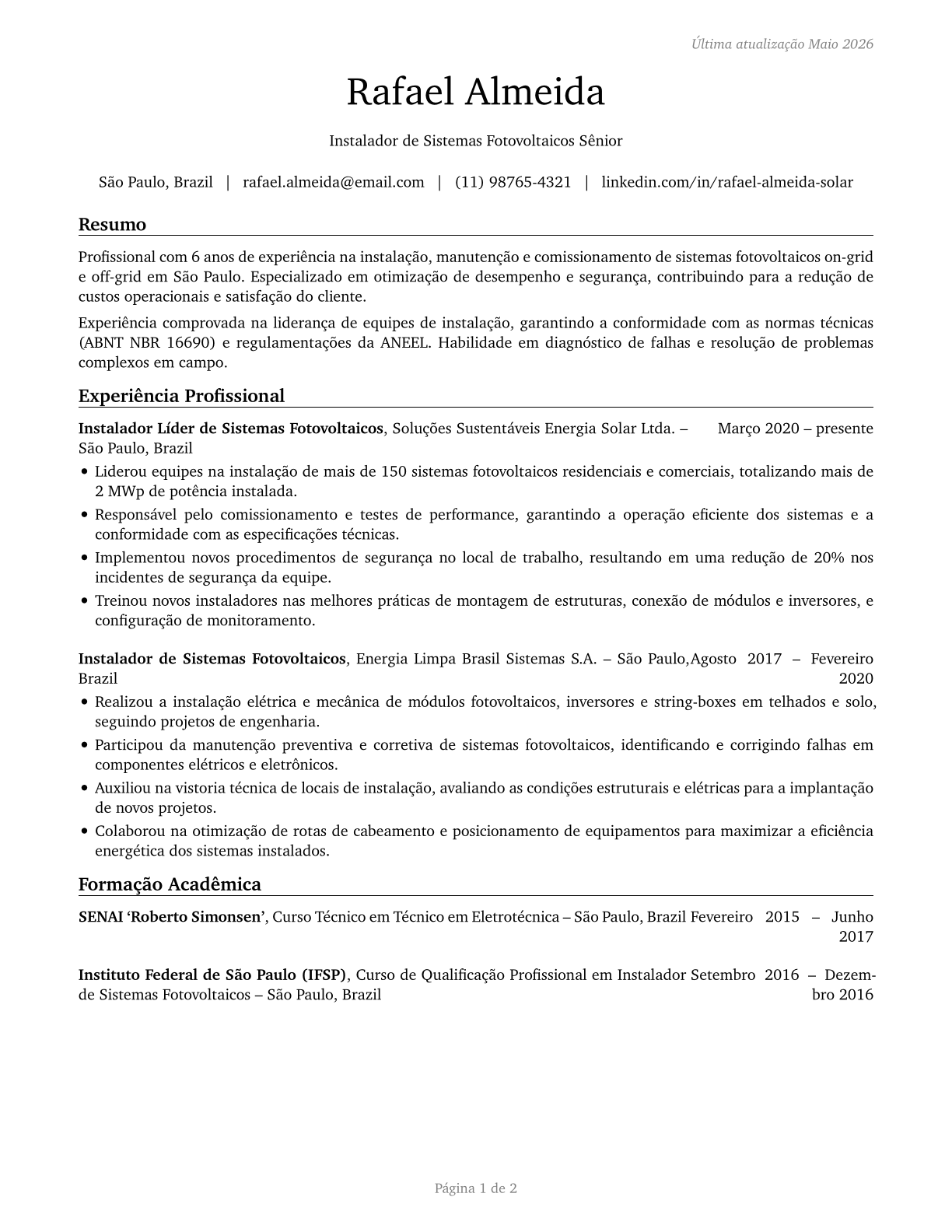 Solar Photovoltaic Installers CV in Portuguese — page 1