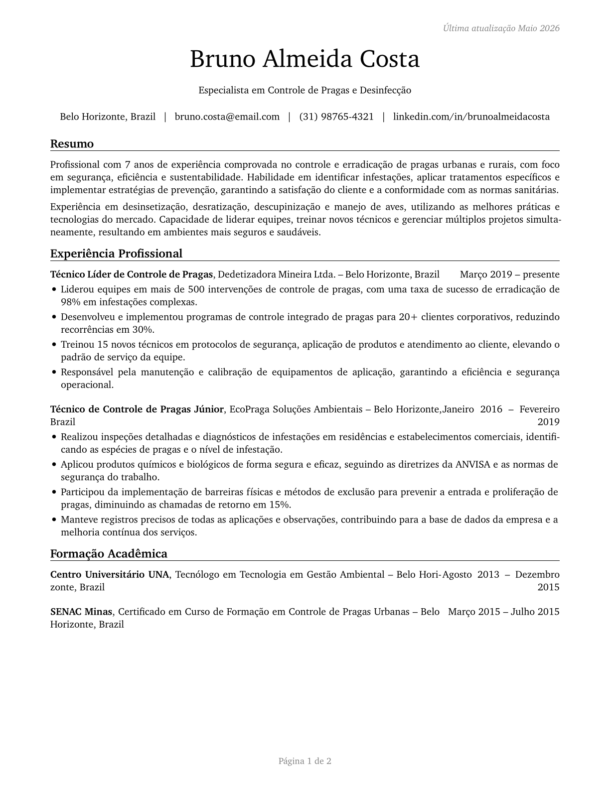 Pest Control Workers CV in Portuguese — page 1