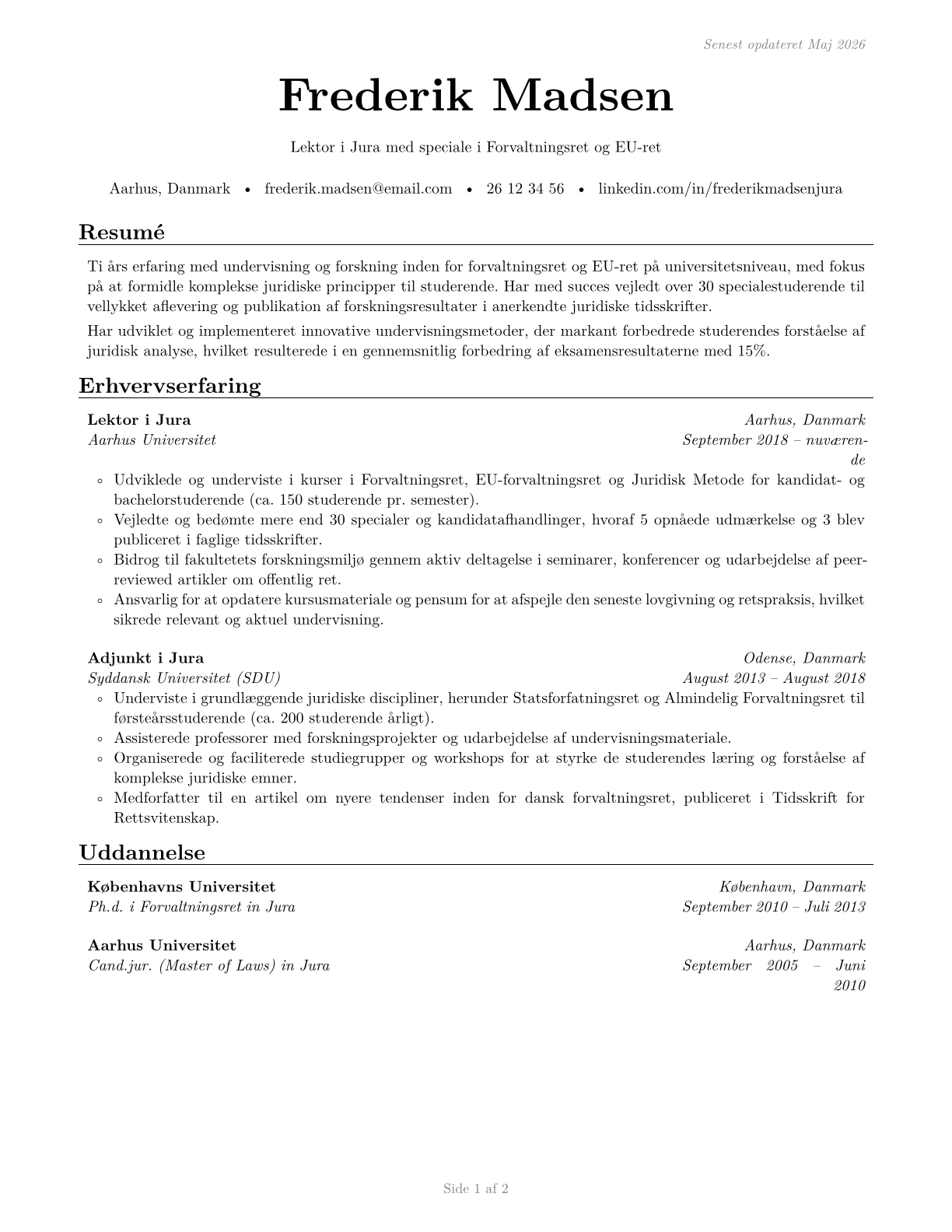 Law Teachers, Postsecondary CV in Danish — page 1