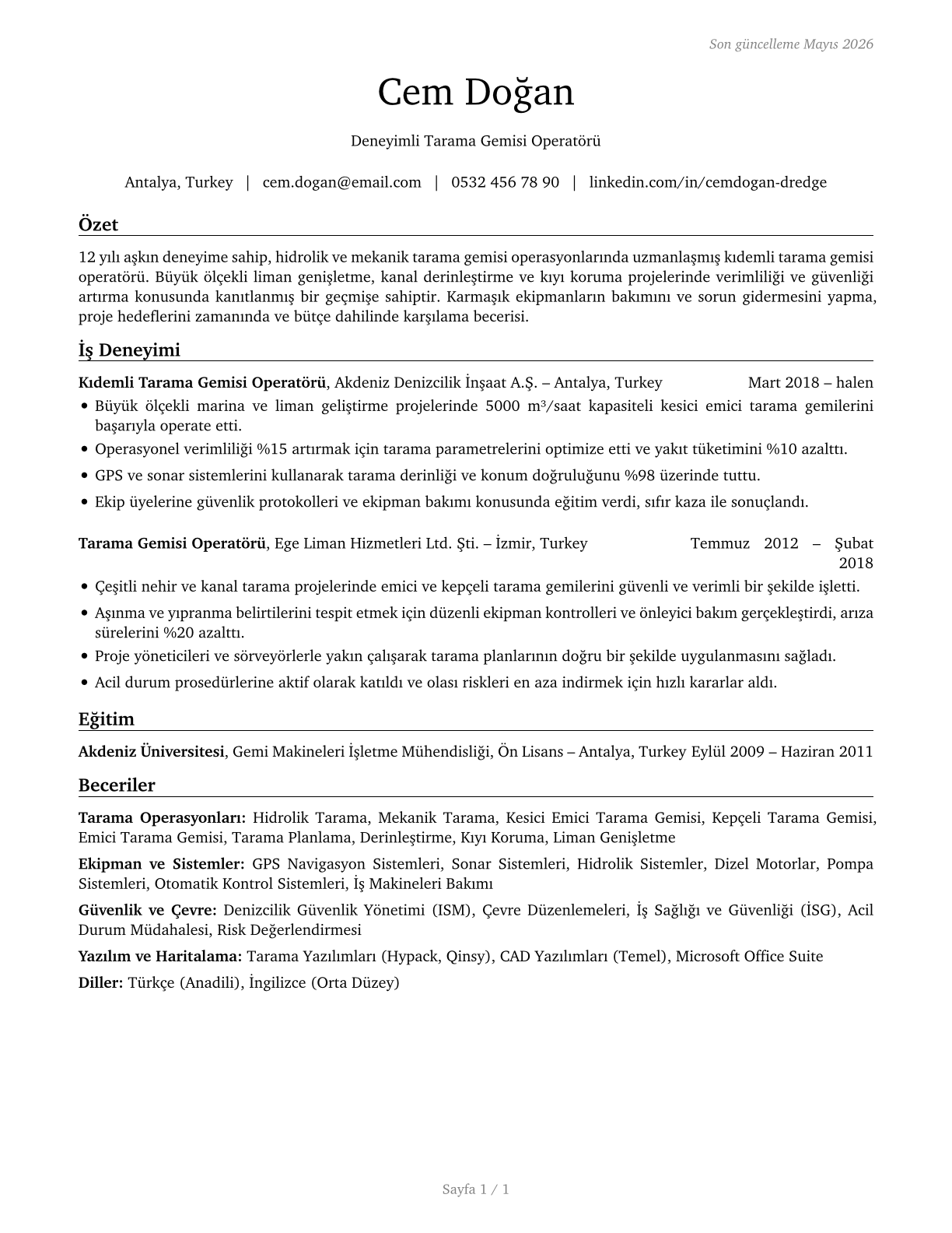Dredge Operators CV in Turkish — page 1