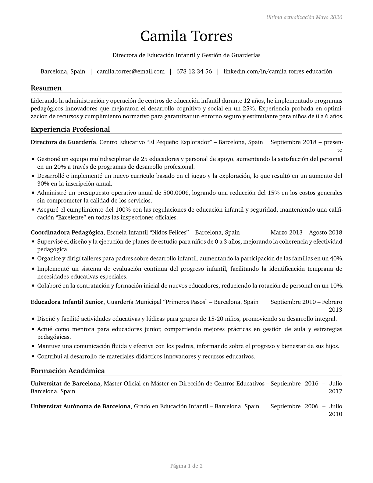 Education and Childcare Administrators, Preschool and Daycare CV in Spanish — page 1