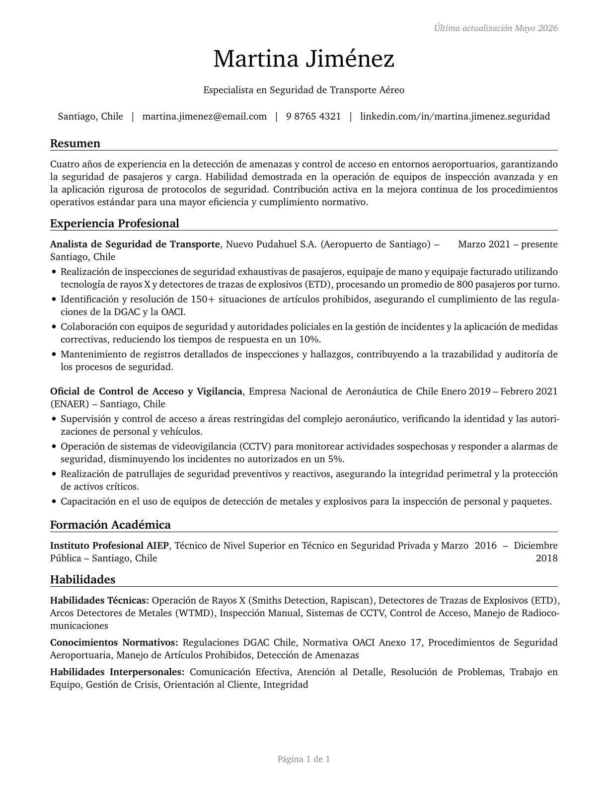 Transportation Security Screeners CV in Spanish — page 1
