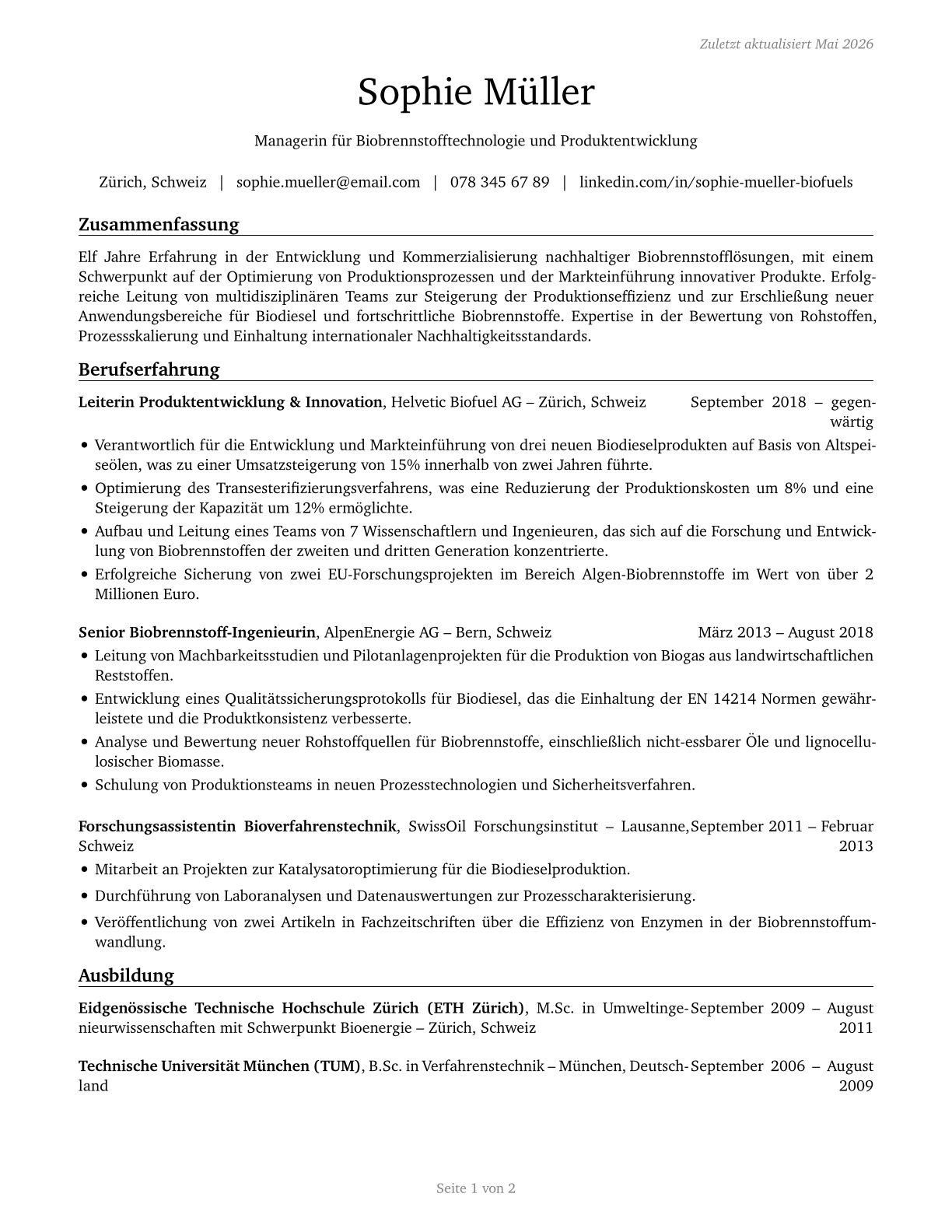 Biofuels/Biodiesel Technology and Product Development Managers CV in German — page 1