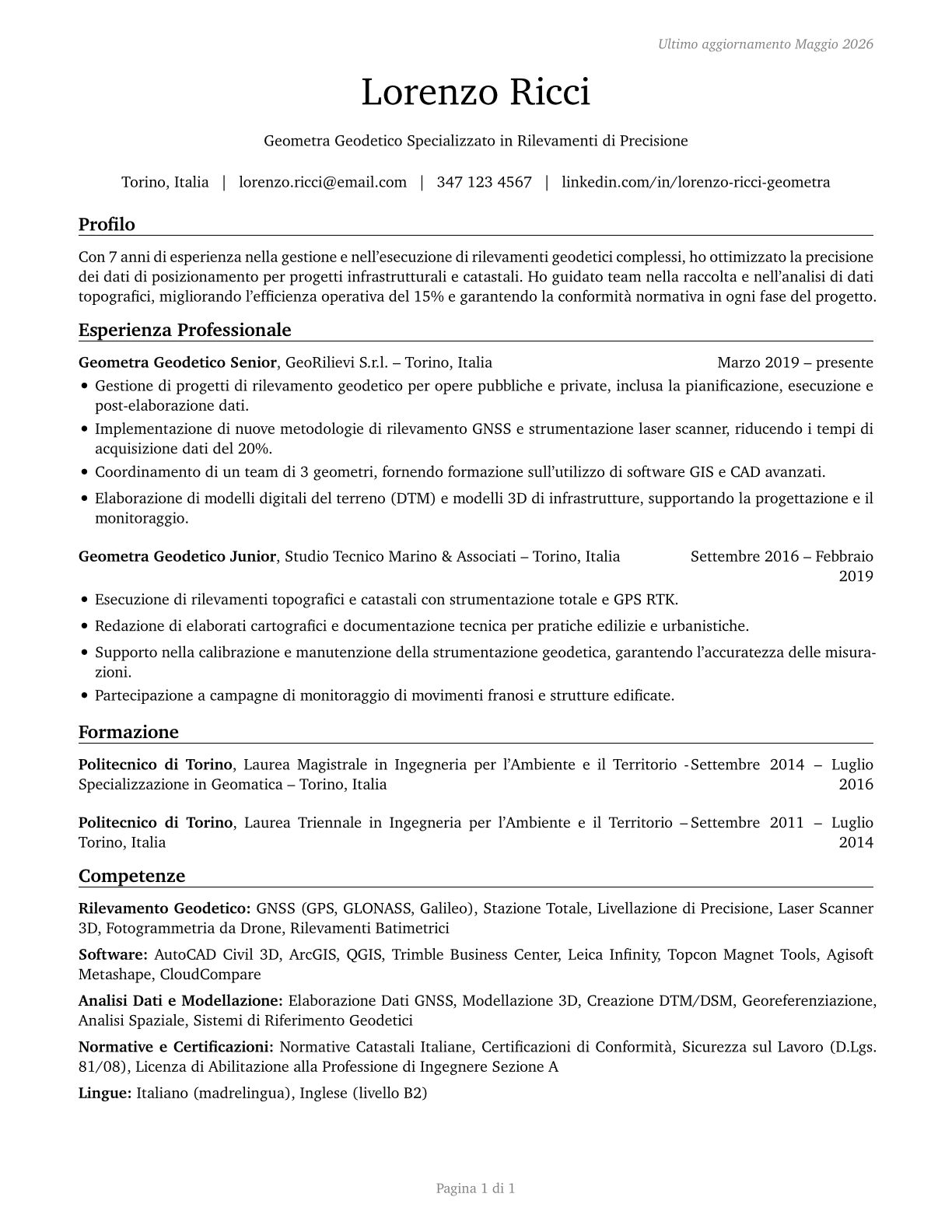 Geodetic Surveyors CV in Italian — page 1