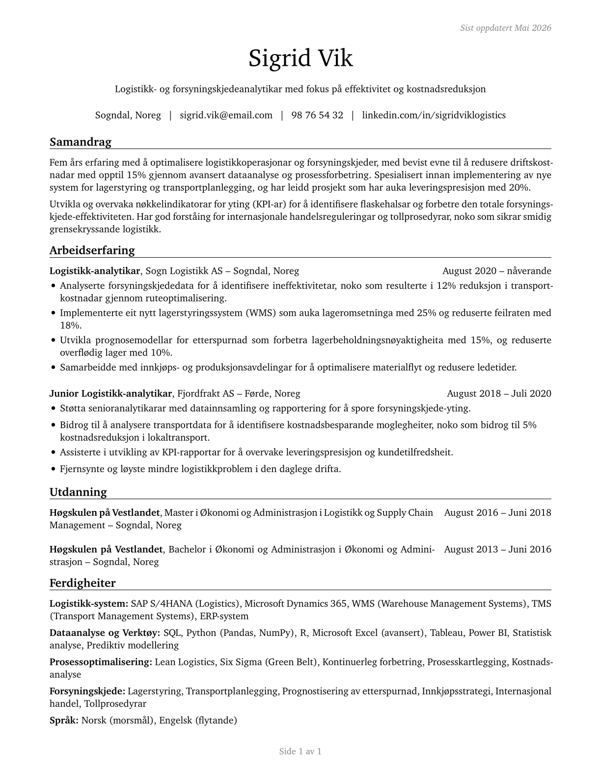 Logistics Analysts CV in Norwegian_nynorsk — page 1