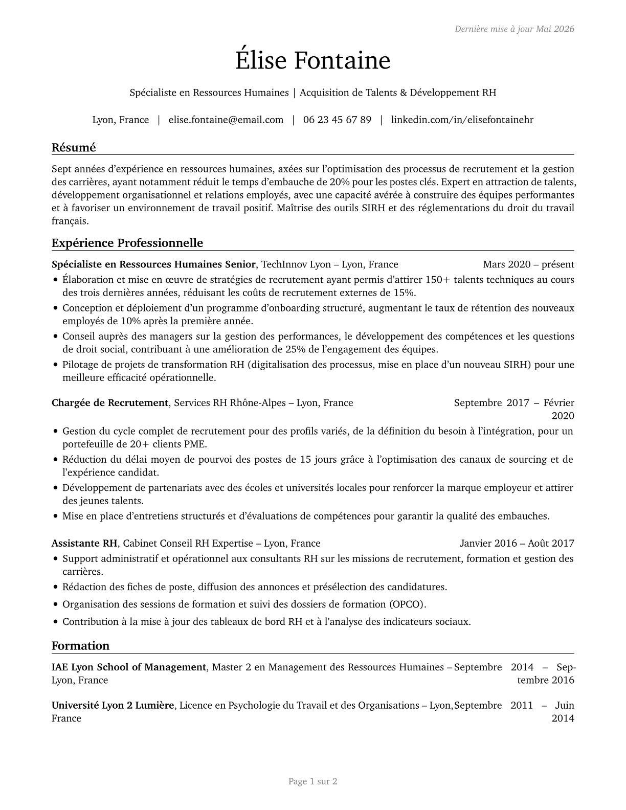 Human Resources Specialists CV in French — page 1