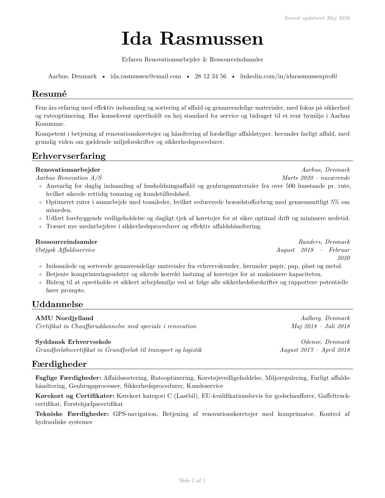 Refuse and Recyclable Material Collectors CV in Danish — page 1