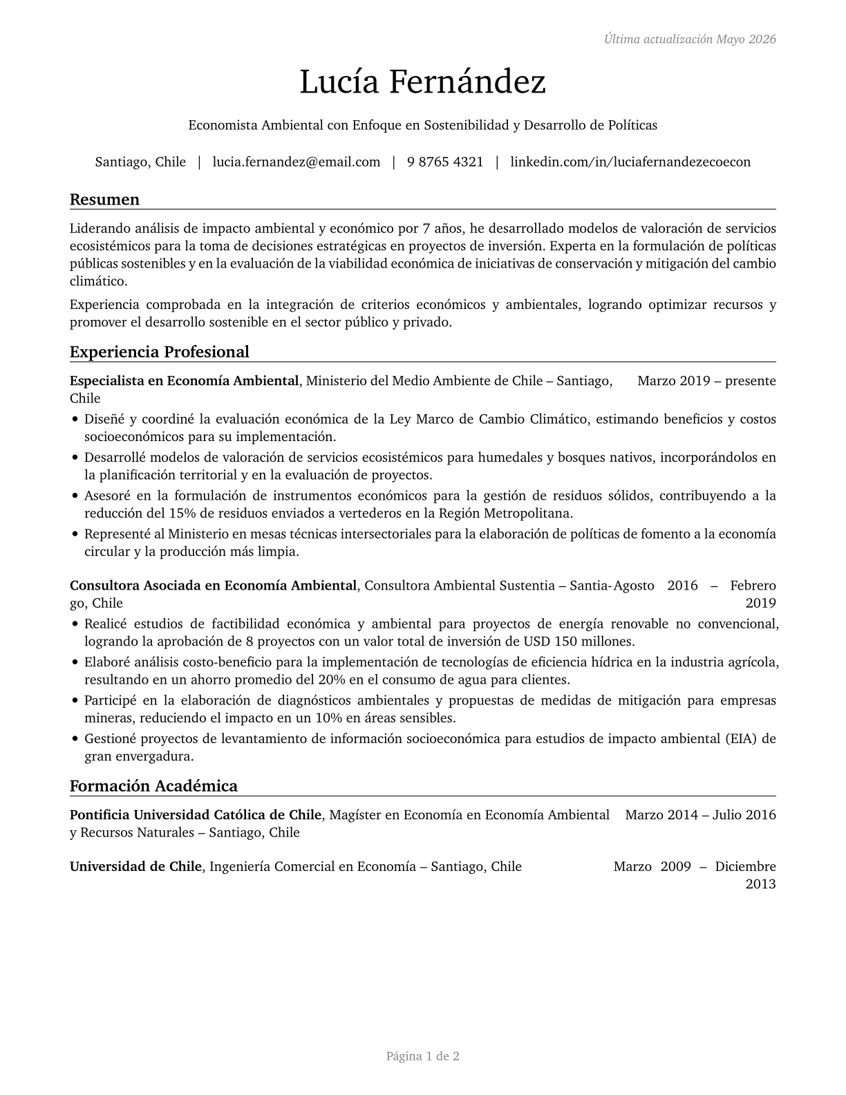 Environmental Economists CV in Spanish — page 1