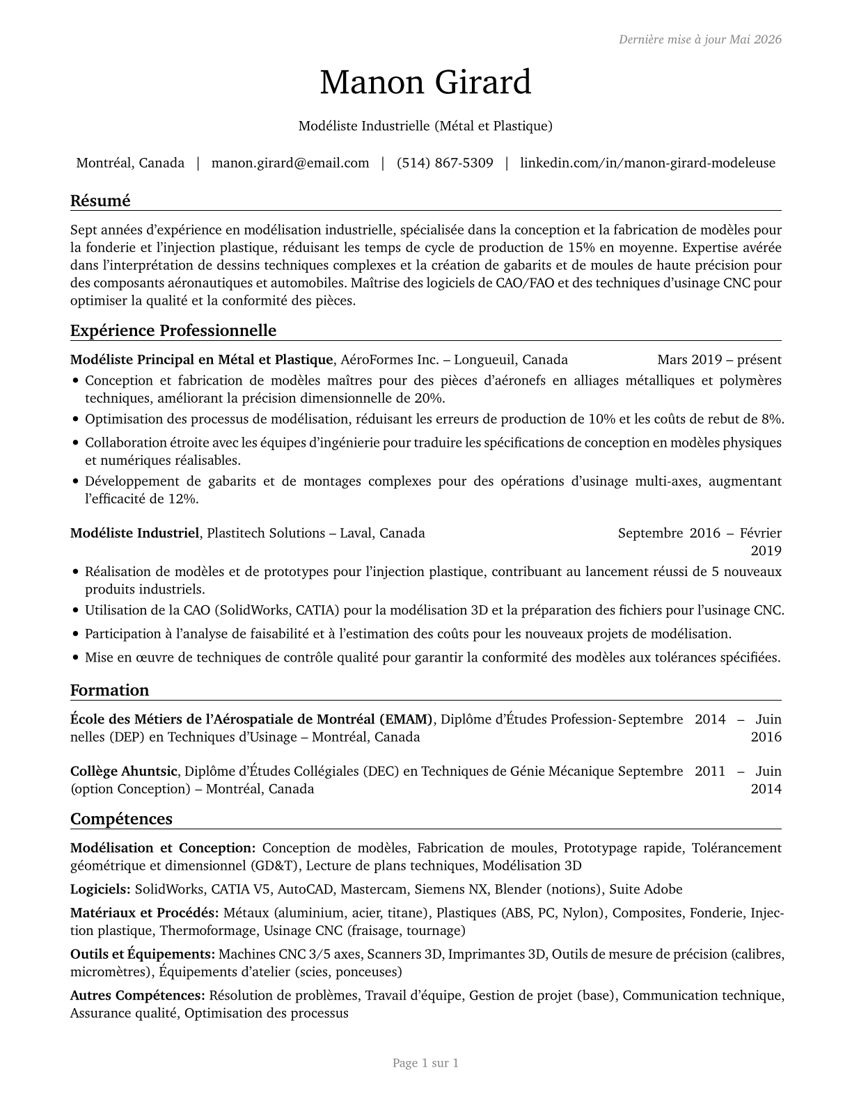 Patternmakers, Metal and Plastic CV in French — page 1