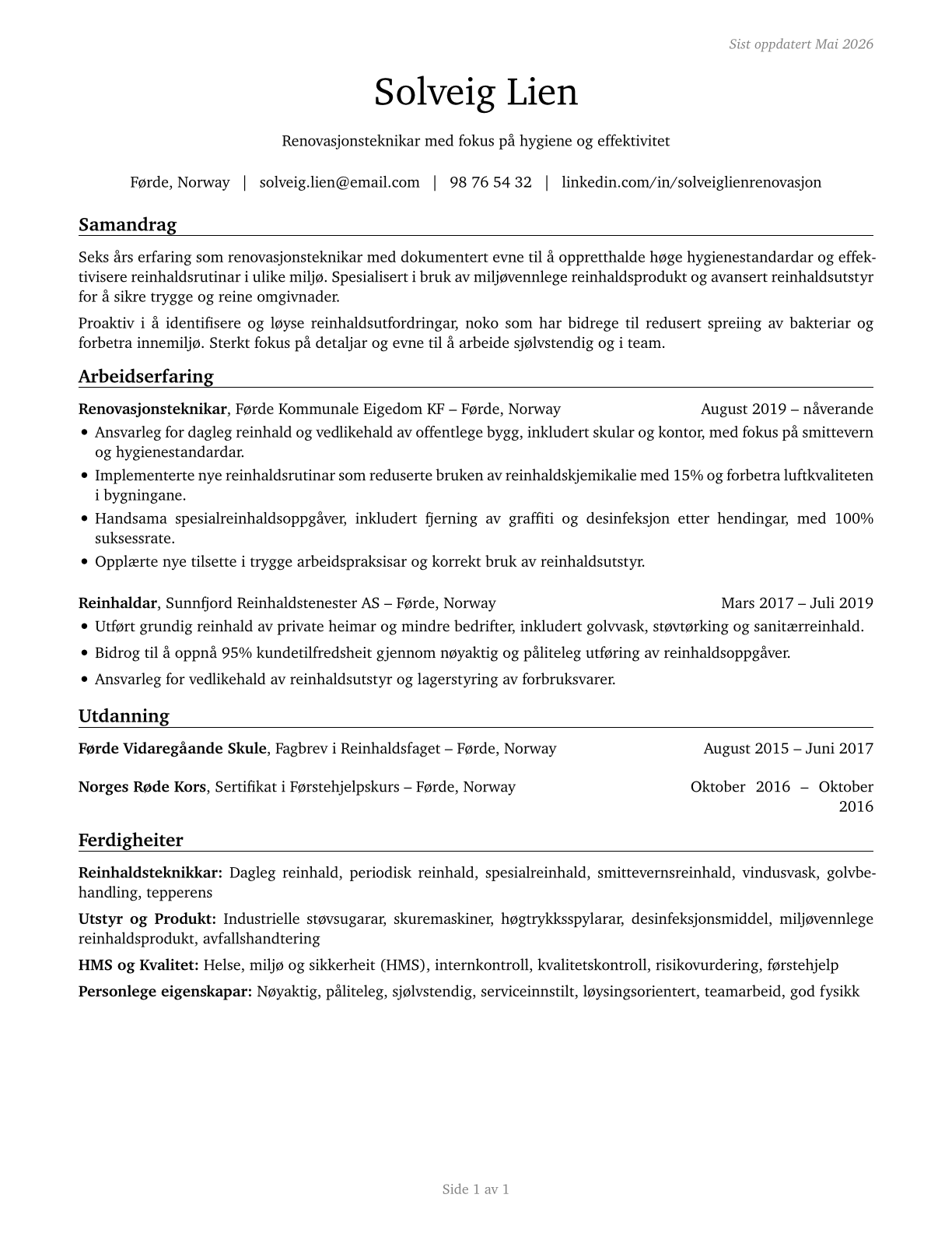 Janitors and Cleaners, Except Maids and Housekeeping Cleaners CV in Norwegian_nynorsk — page 1