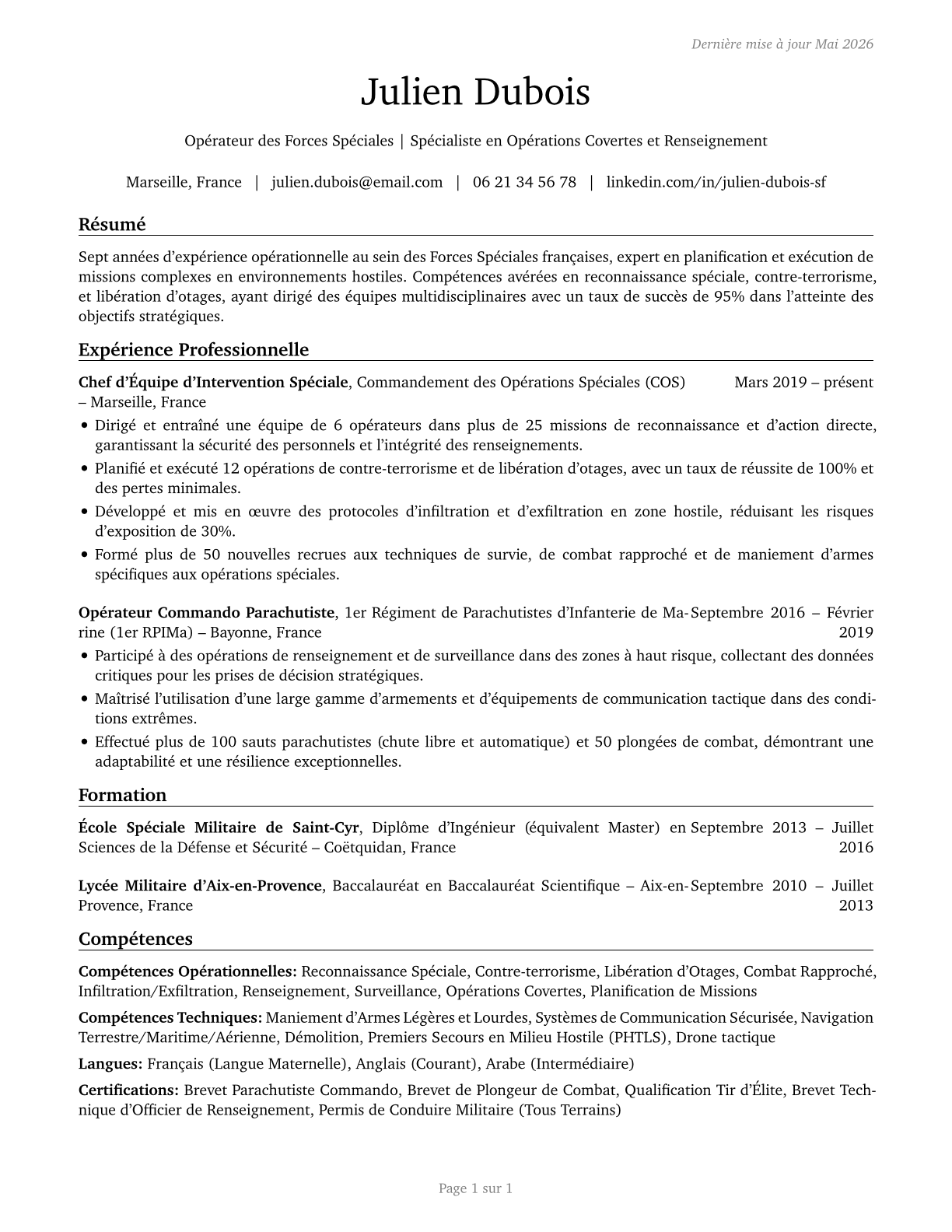 Special Forces CV in French — page 1