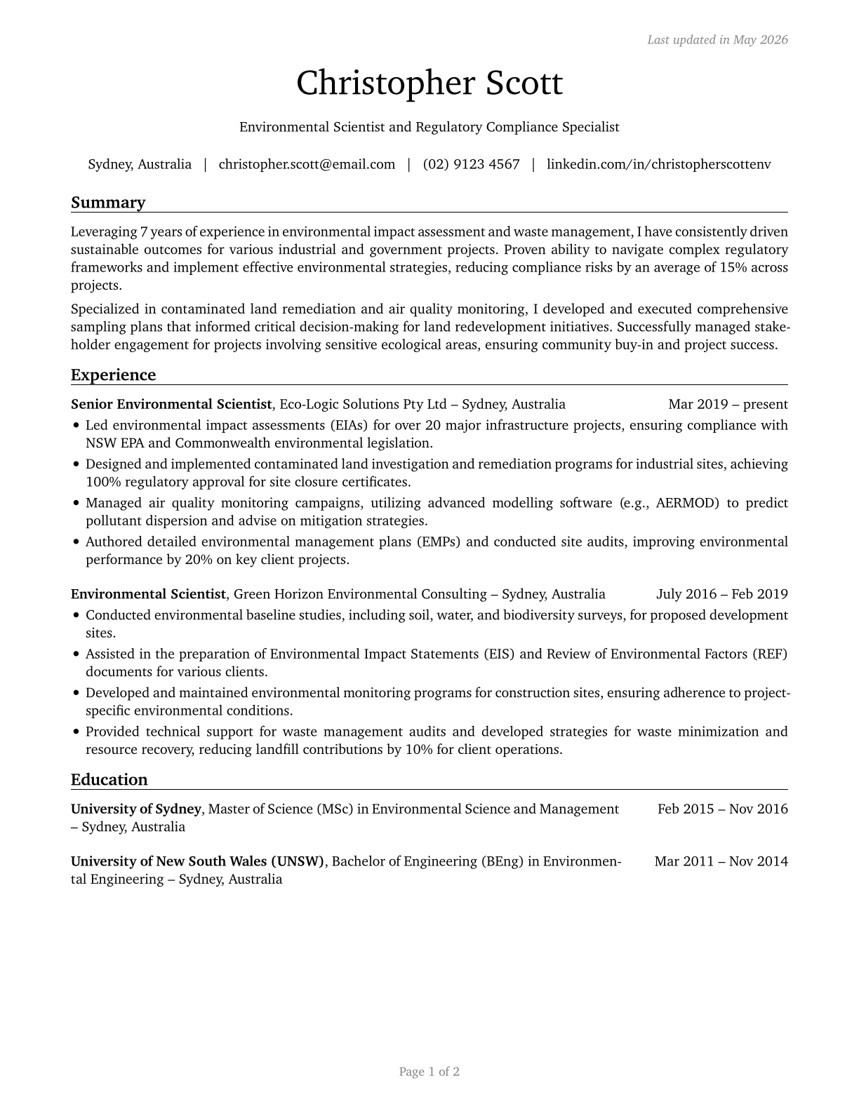 Environmental Scientists and Specialists, Including Health CV in English — page 1