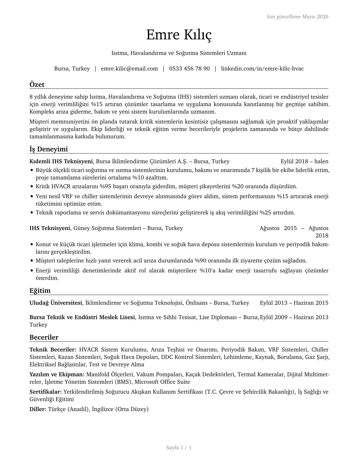 Heating, Air Conditioning, and Refrigeration Mechanics and Installers CV in Turkish — page 1