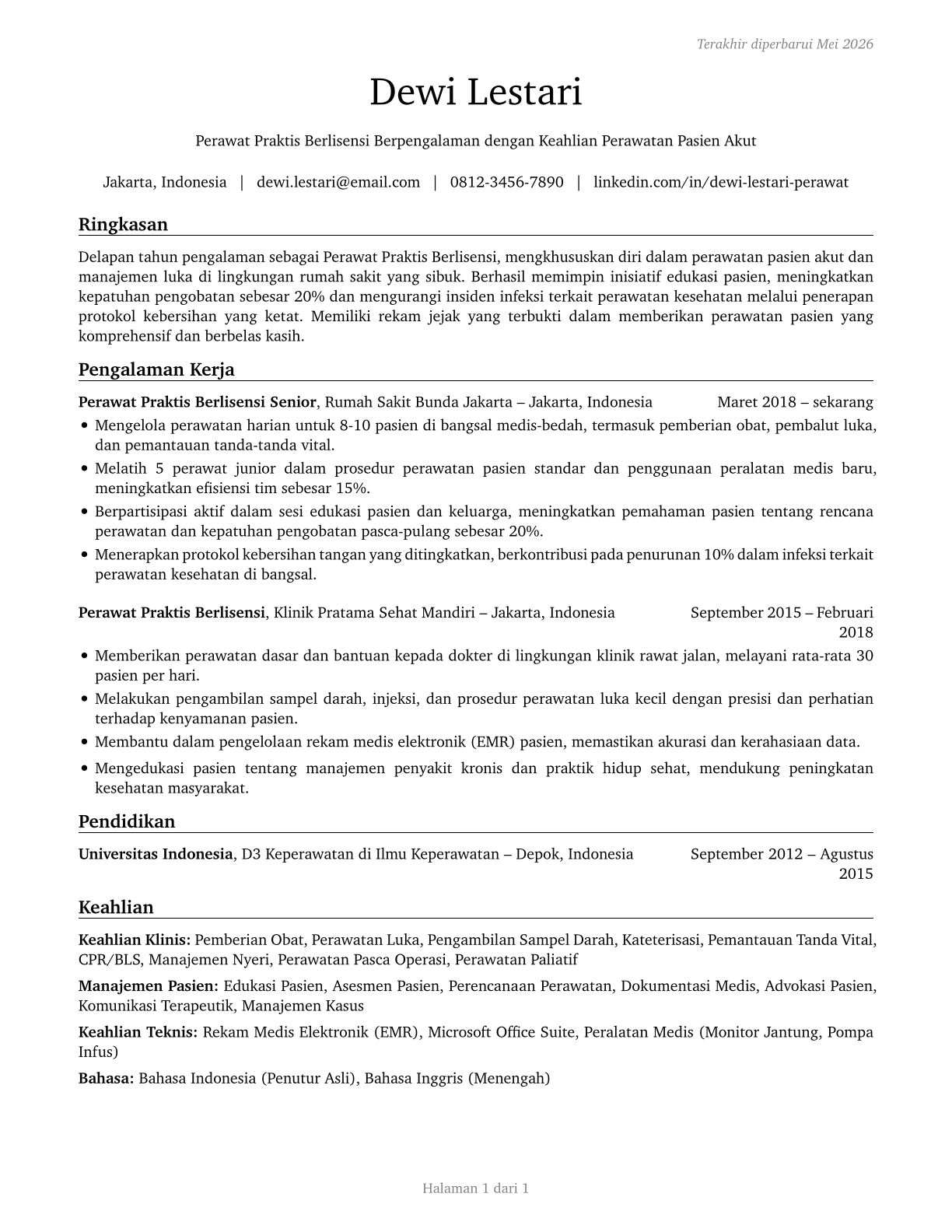Licensed Practical and Licensed Vocational Nurses CV in Indonesian — page 1