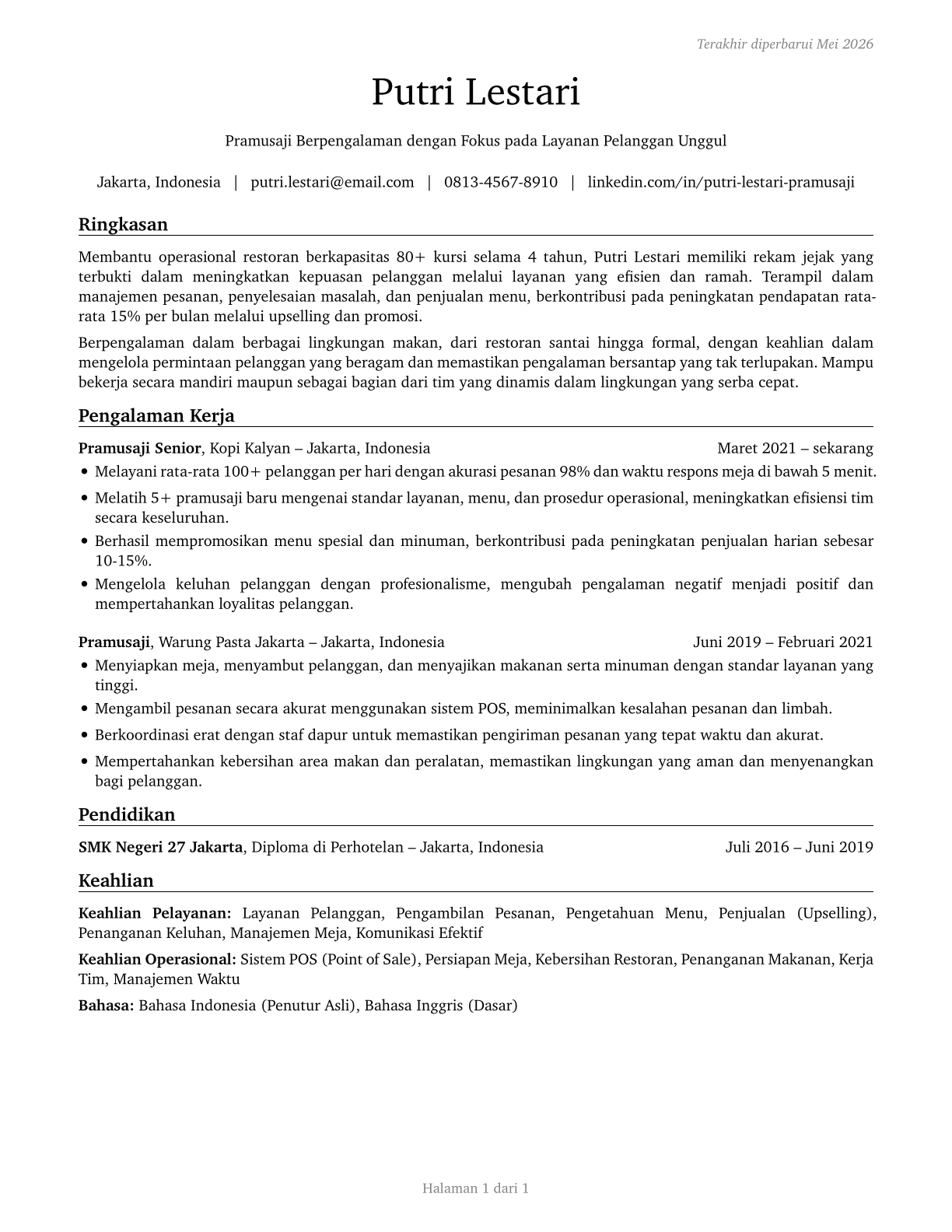 Waiters and Waitresses CV in Indonesian — page 1