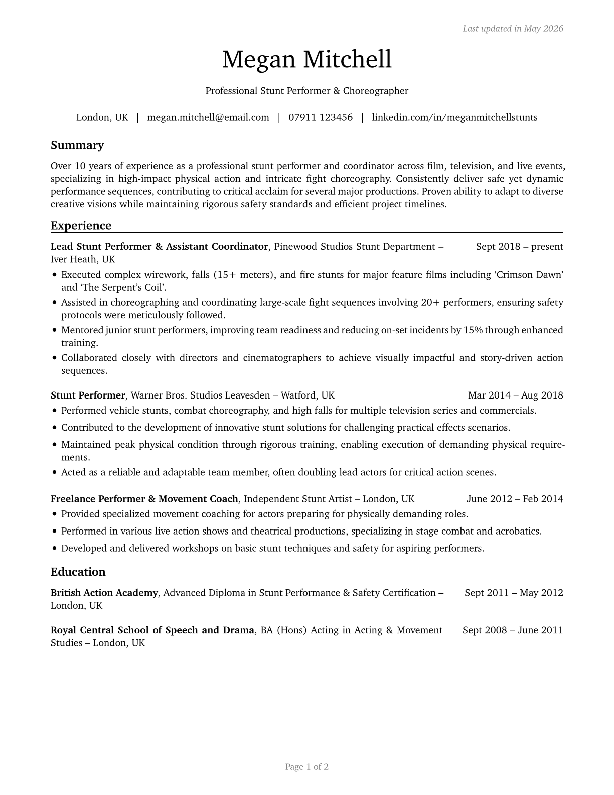 Entertainers and Performers, Sports and Related Workers, All Other CV in English — page 1