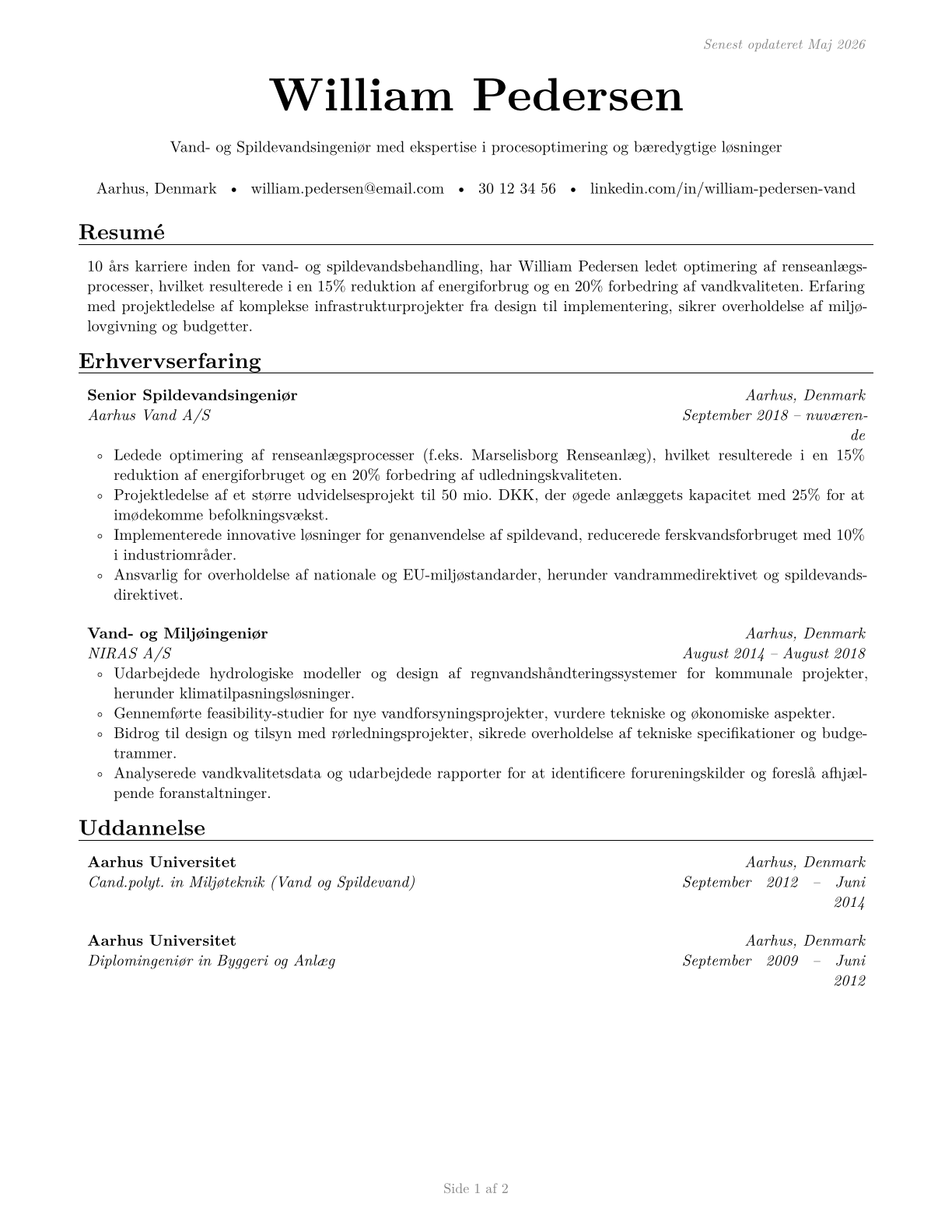 Water/Wastewater Engineers CV in Danish — page 1