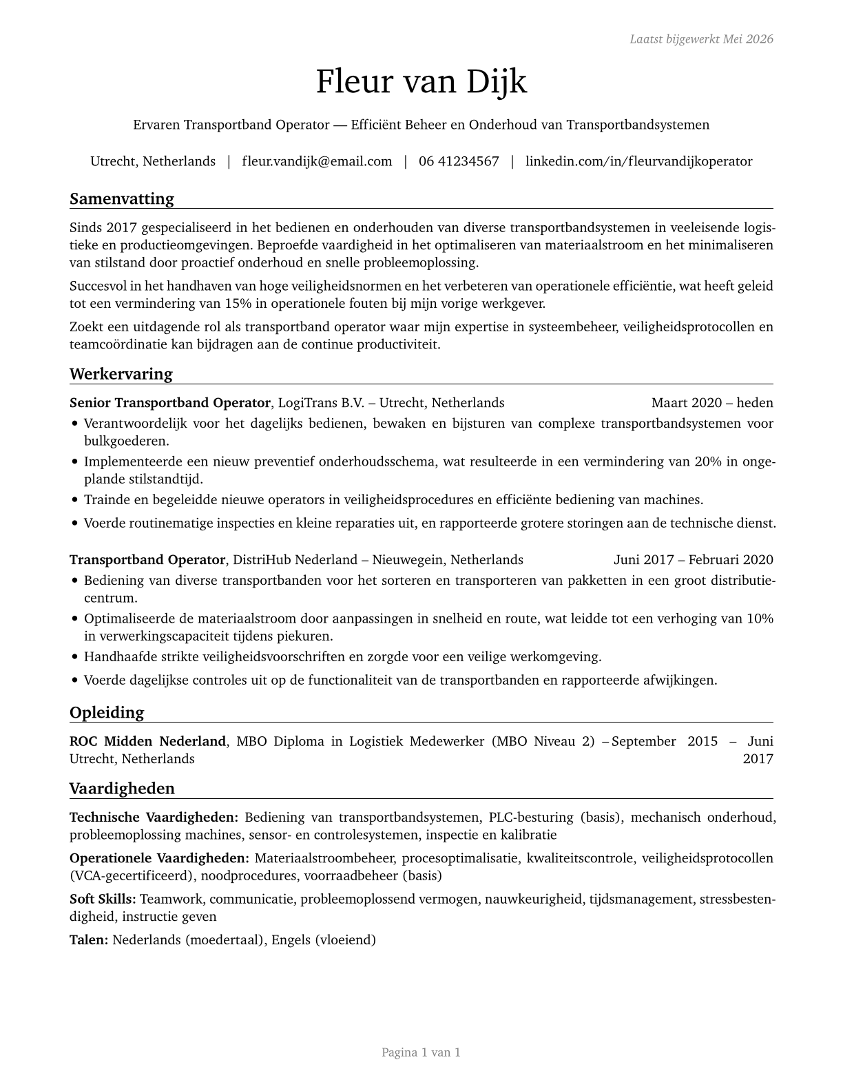 Conveyor Operators and Tenders CV in Dutch — page 1