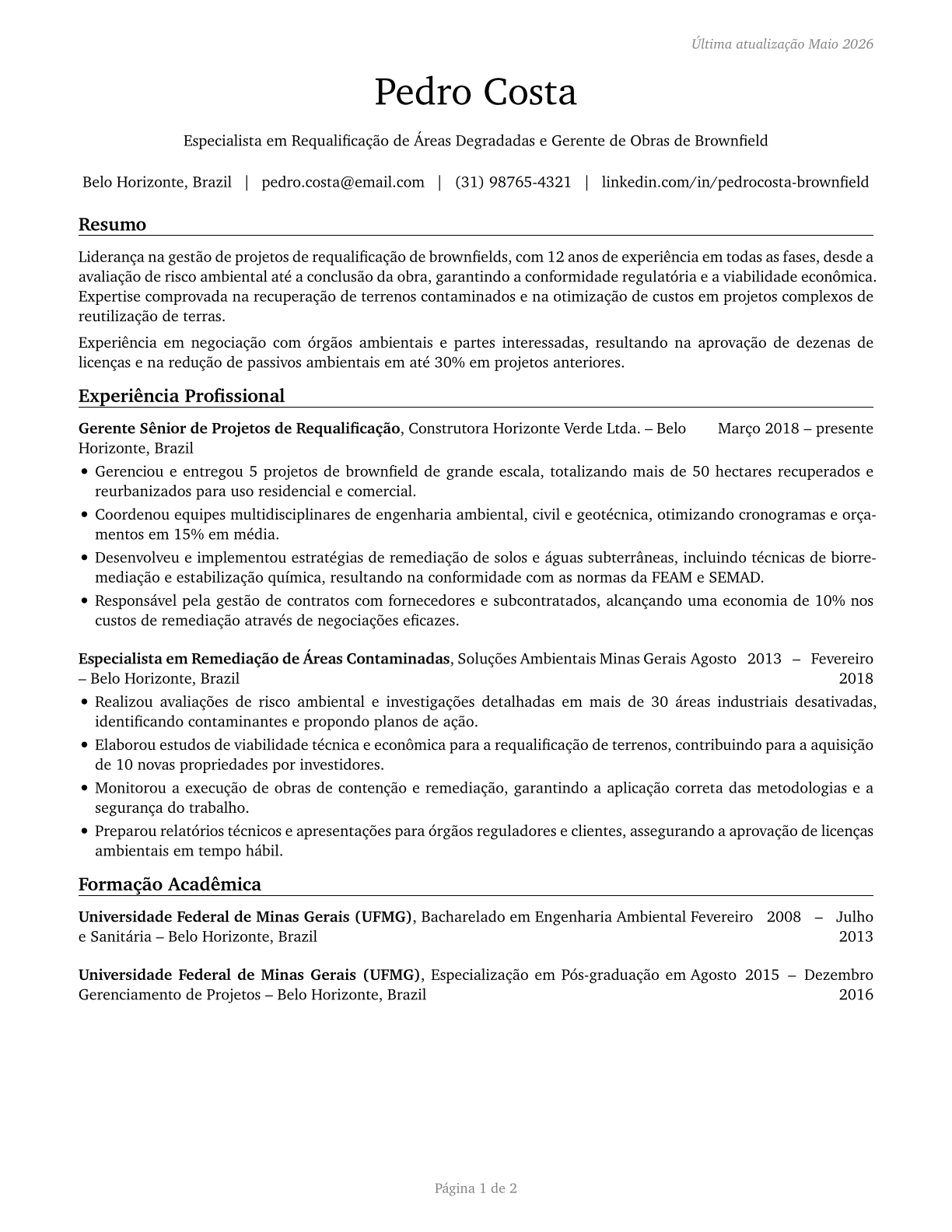 Brownfield Redevelopment Specialists and Site Managers CV in Portuguese — page 1