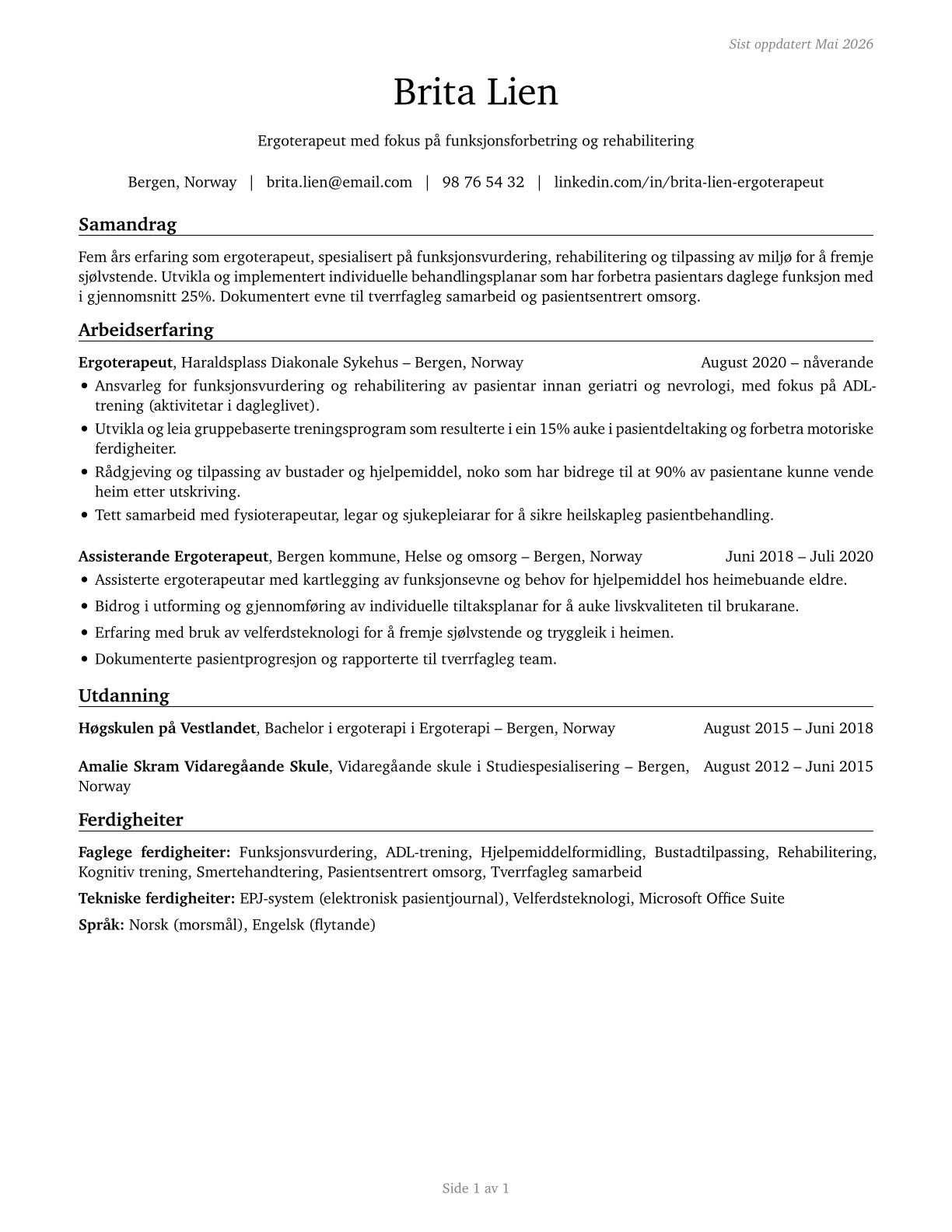 Occupational Therapists CV in Norwegian_nynorsk — page 1