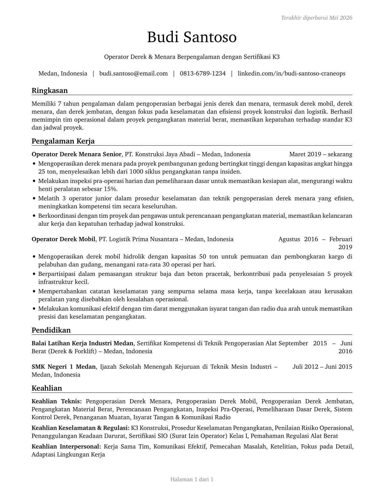 Crane and Tower Operators CV in Indonesian — page 1