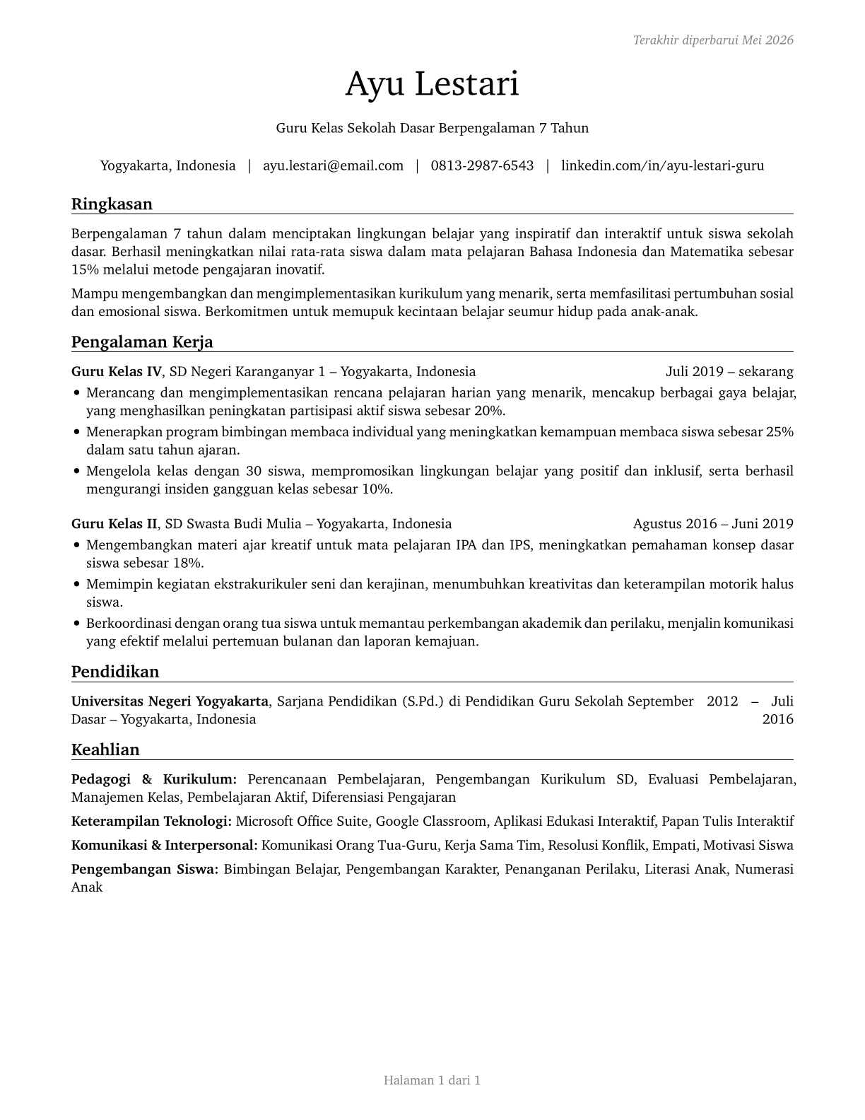 Elementary School Teachers, Except Special Education CV in Indonesian — page 1
