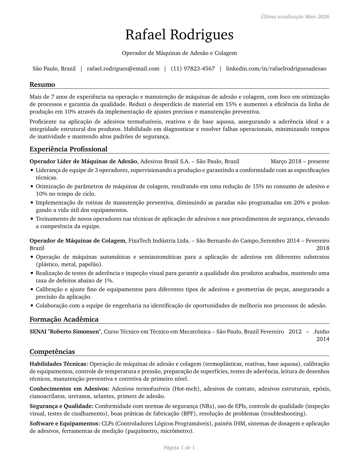 Adhesive Bonding Machine Operators and Tenders CV in Portuguese — page 1