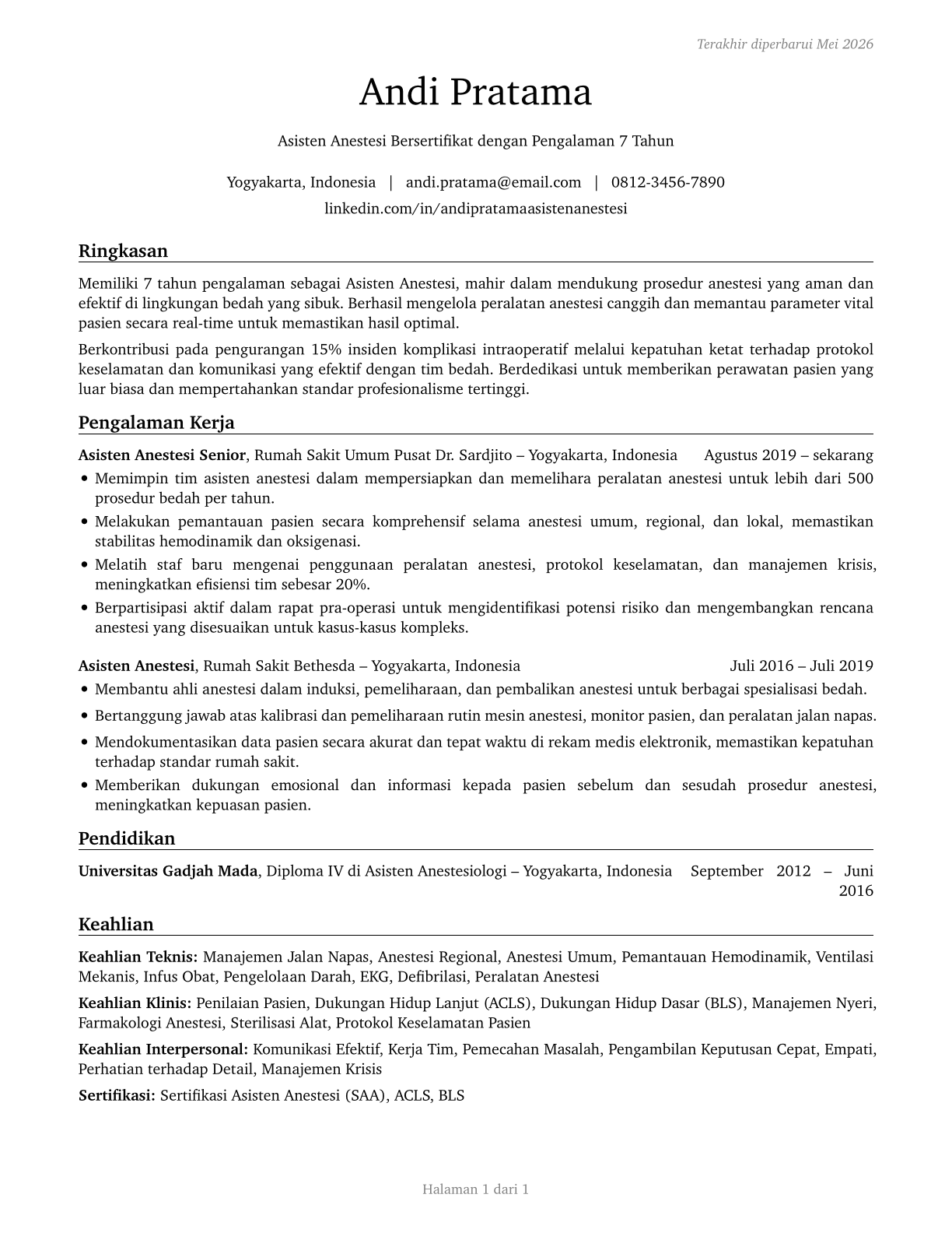 Anesthesiologist Assistants CV in Indonesian — page 1