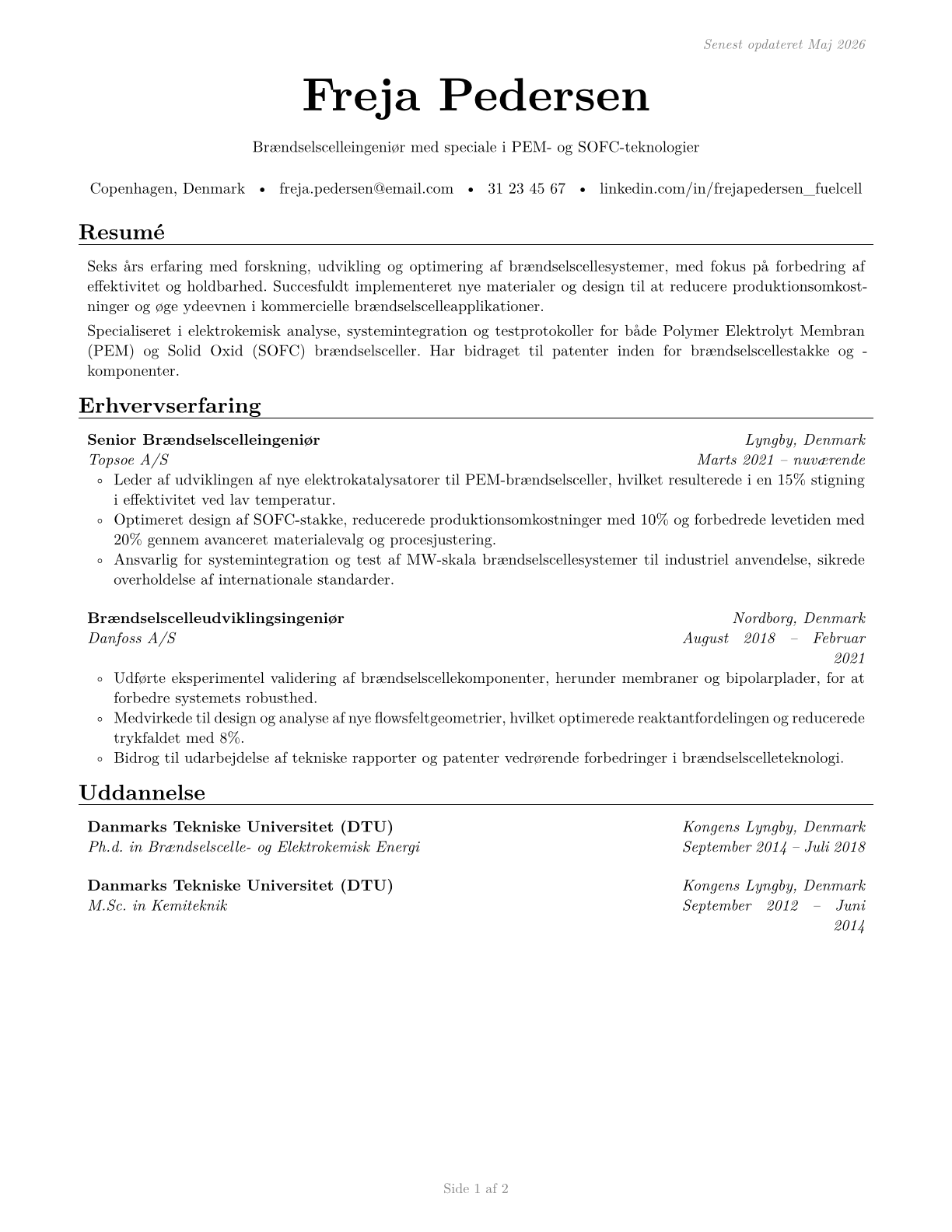 Fuel Cell Engineers CV in Danish — page 1