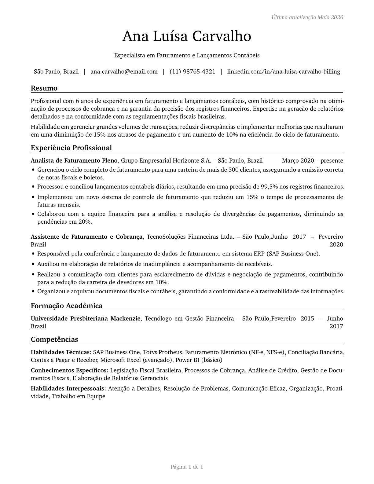 Billing and Posting Clerks CV in Portuguese — page 1