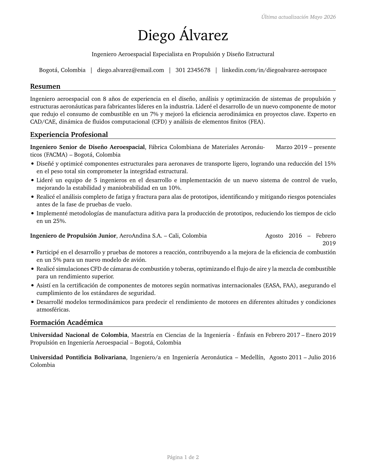 Aerospace Engineers CV in Spanish — page 1