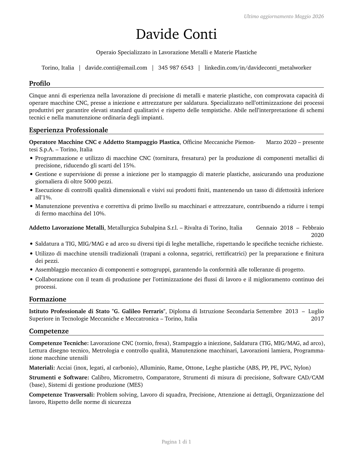 Metal Workers and Plastic Workers, All Other CV in Italian — page 1