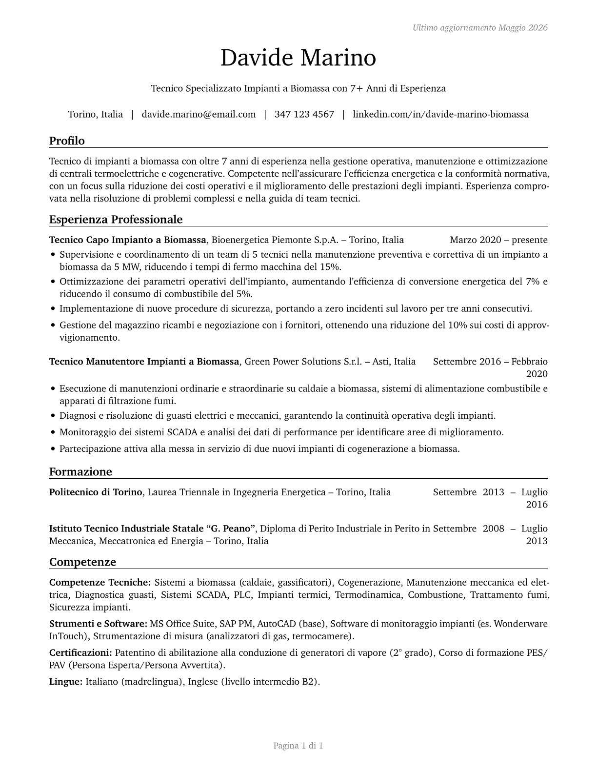 Biomass Plant Technicians CV in Italian — page 1