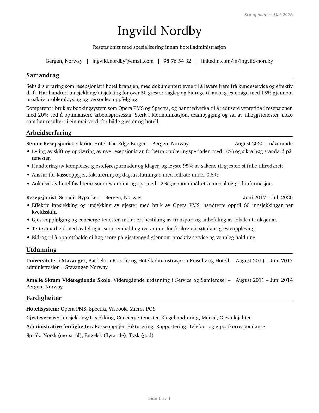 Hotel, Motel, and Resort Desk Clerks CV in Norwegian_nynorsk — page 1