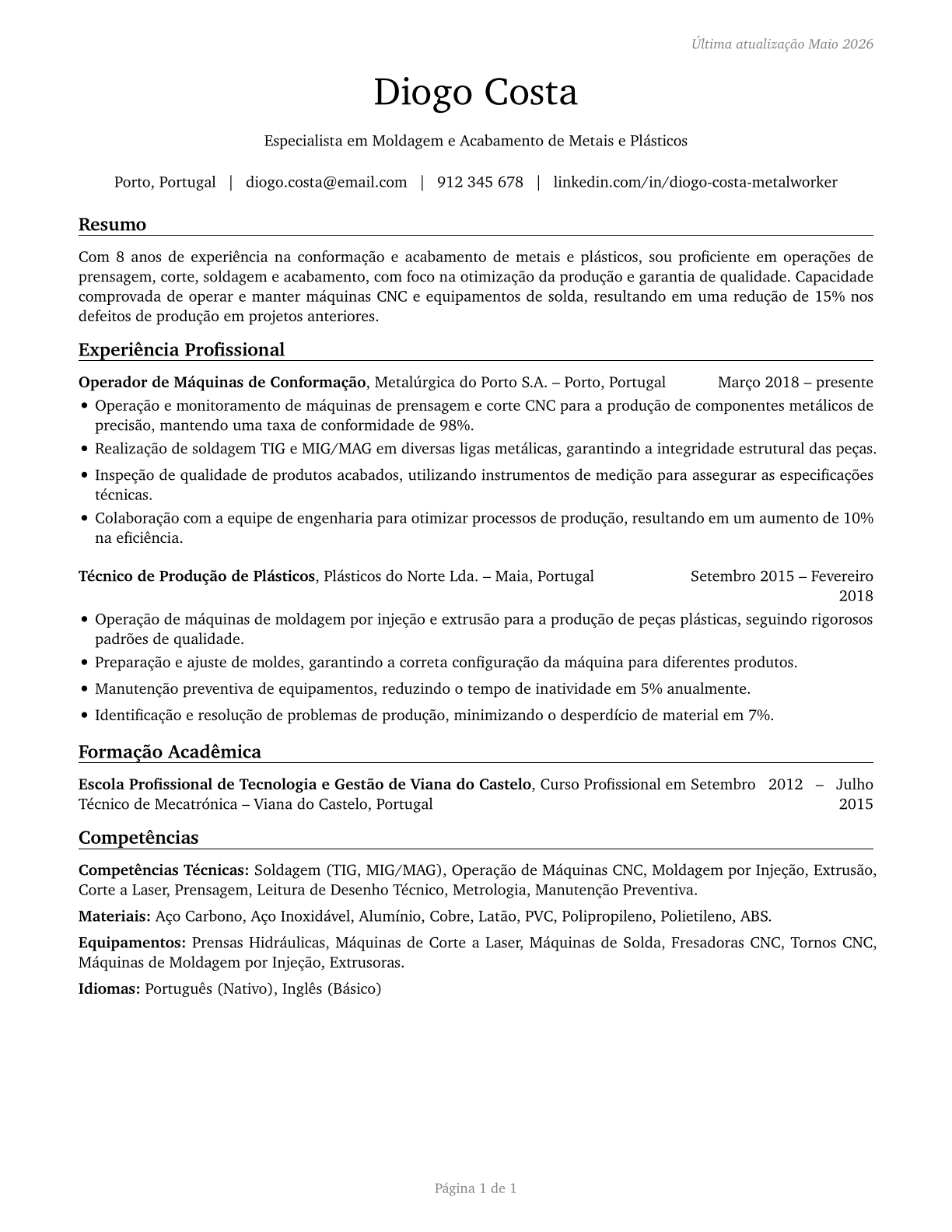 Metal Workers and Plastic Workers, All Other CV in Portuguese — page 1