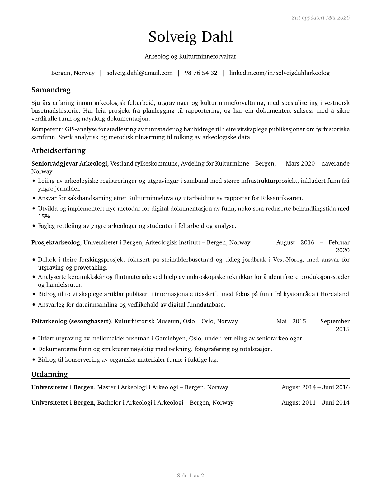 Anthropologists and Archeologists CV in Norwegian_nynorsk — page 1